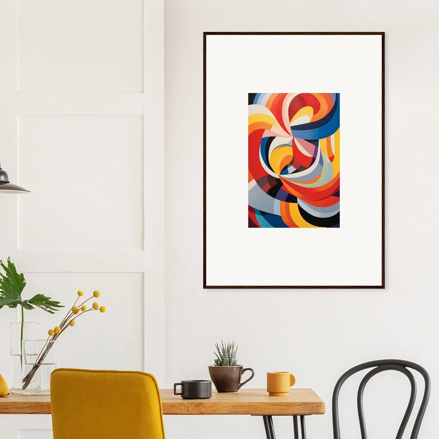 Framed wall art of bold curved shapes in red, orange, yellow, and blue, Prismatic Gleam Symphonics
