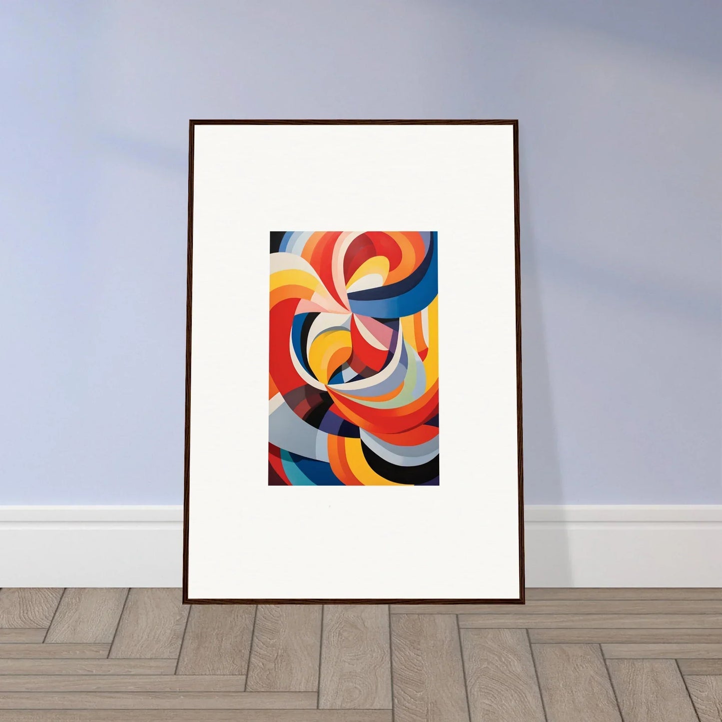 Framed wall art of Prismatic Gleam Symphonics with vibrant swirling curves