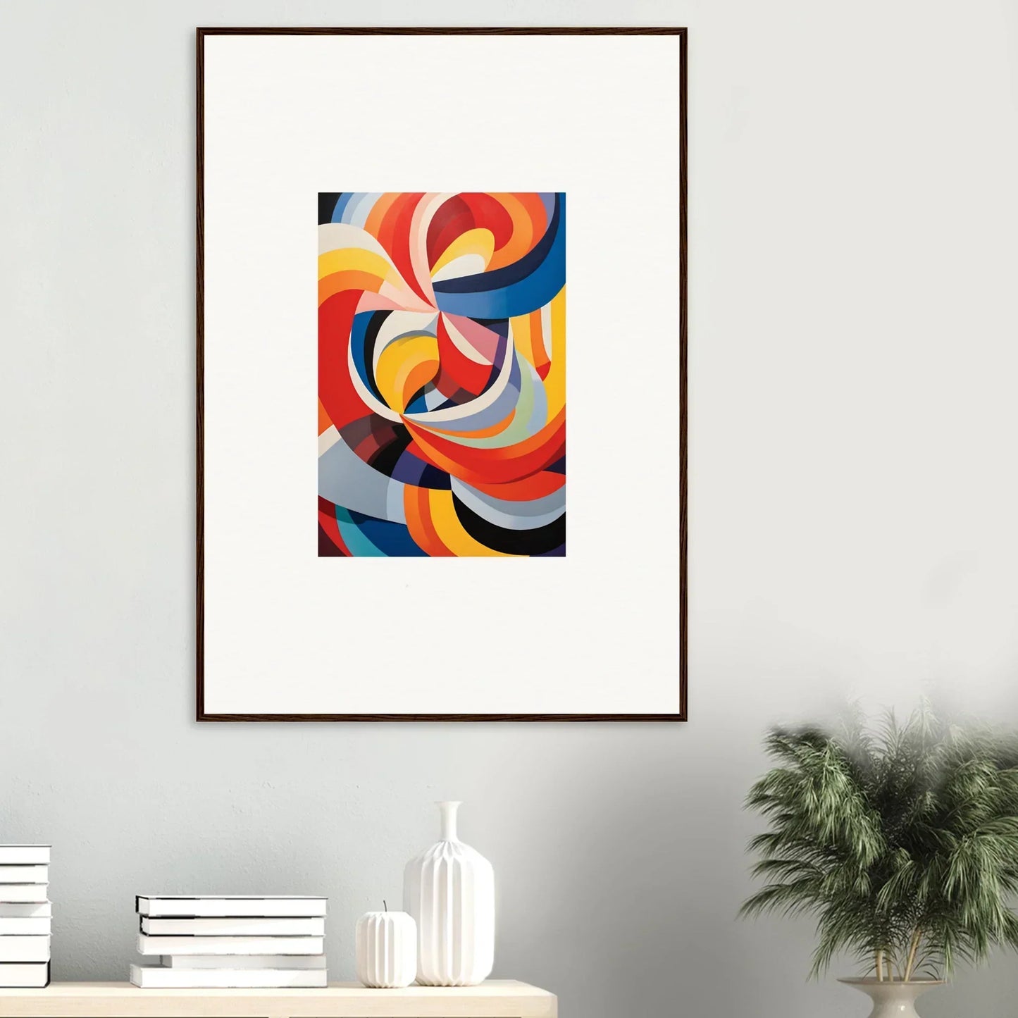 Framed wall art Prismatic Gleam Symphonics with bold curves in red, orange, blue, yellow