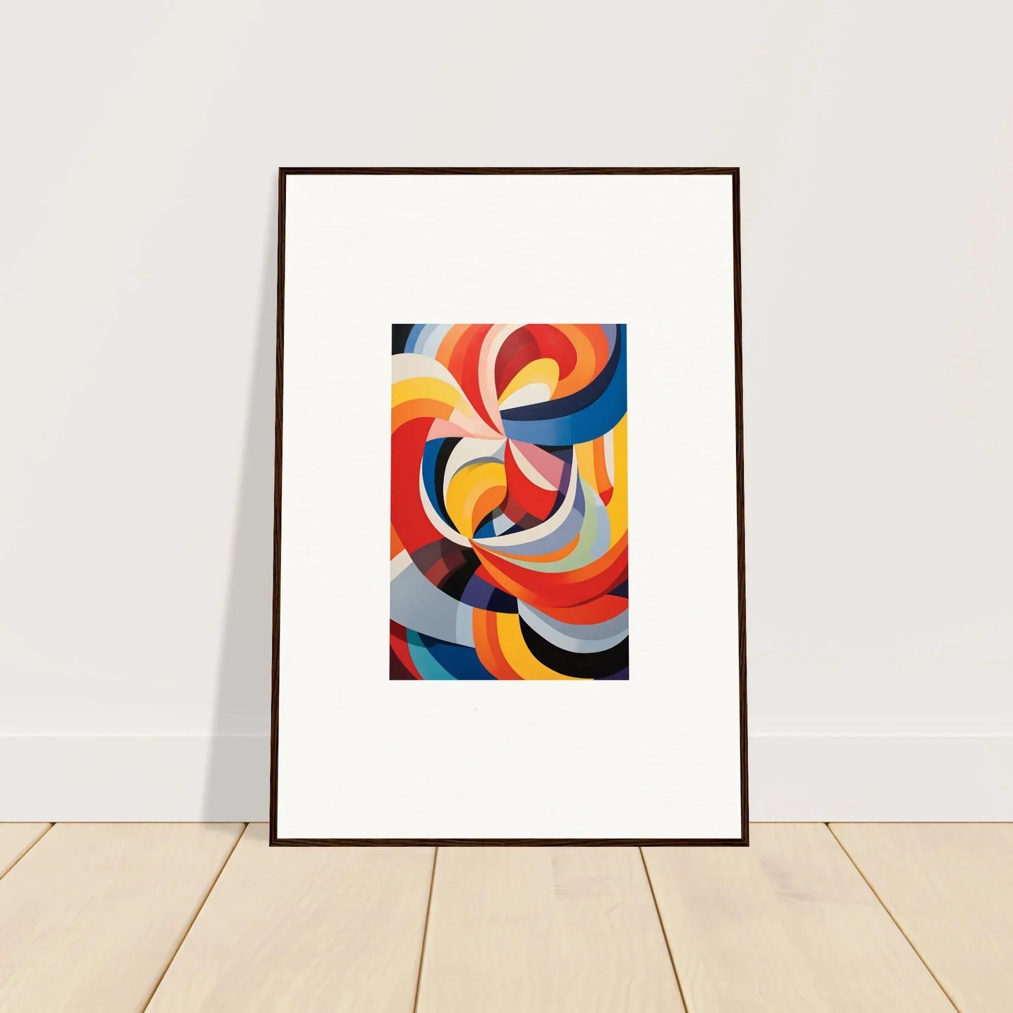 Framed wall art of Prismatic Gleam Symphonics with vibrant swirling curves in bold colors