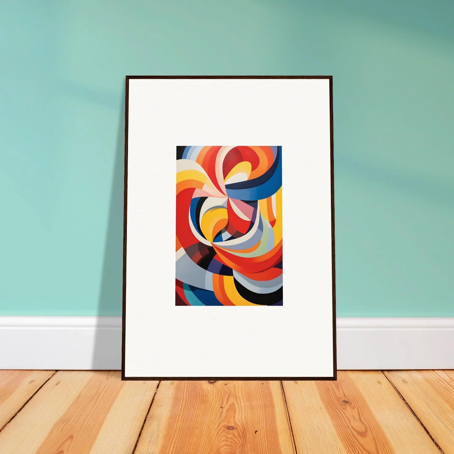Framed wall art ’Prismatic Gleam Symphonics’ with vibrant swirling colors in red and blue