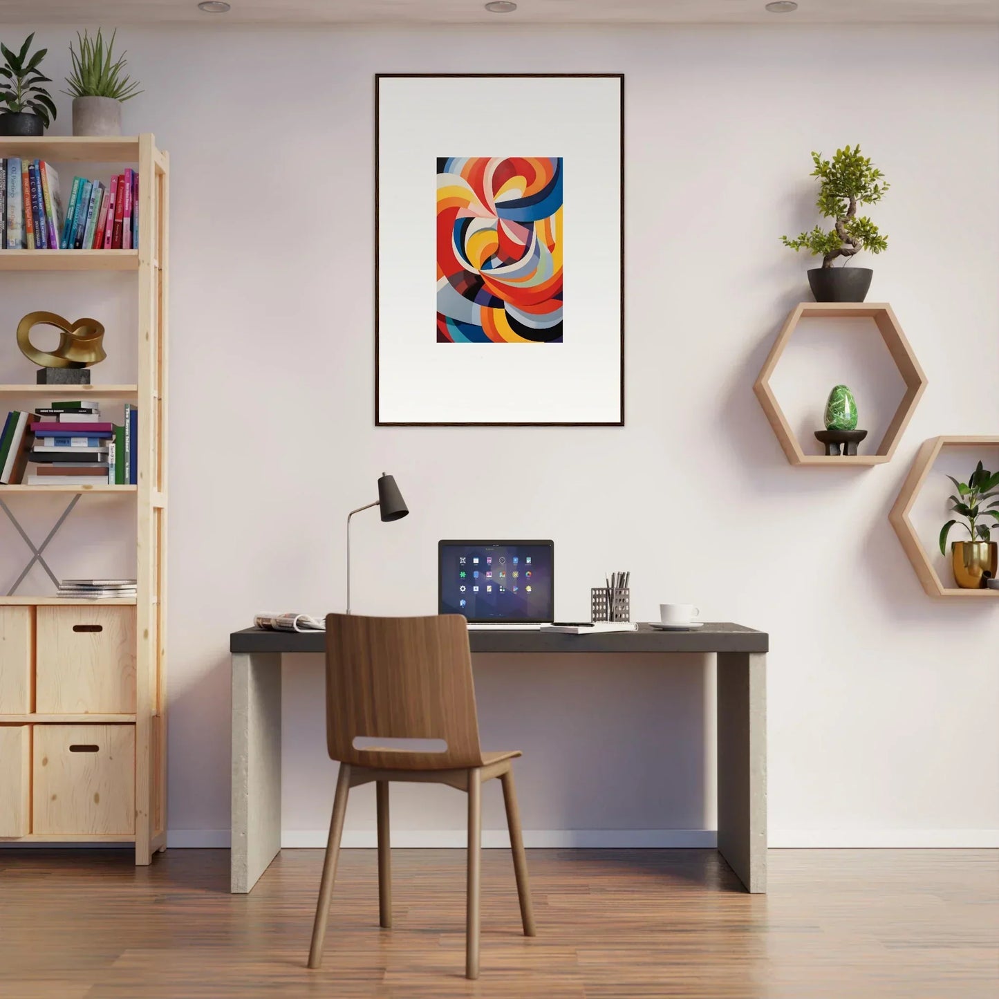 Modern home office with Prismatic Gleam Symphonics framed wall art and stylish desk setup
