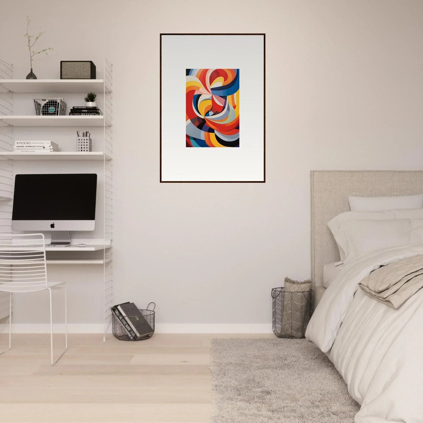 Vibrant abstract geometric artwork in red, blue, and orange from Prismatic Gleam Symphonics
