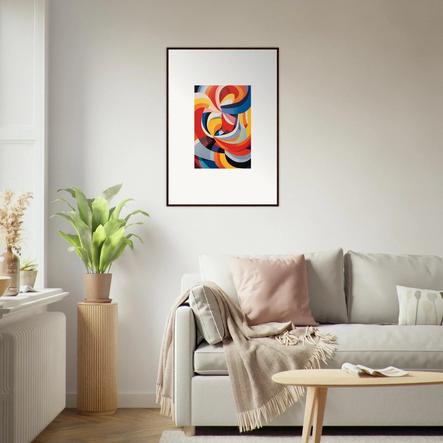 Framed wall art of vibrant swirling curves in Prismatic Gleam Symphonics design