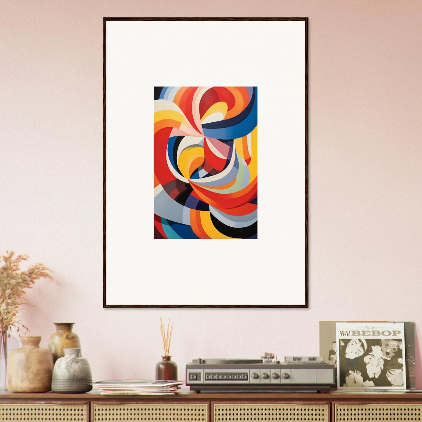 Framed wall art of Prismatic Gleam Symphonics with bold orange, red, blue, and yellow shapes