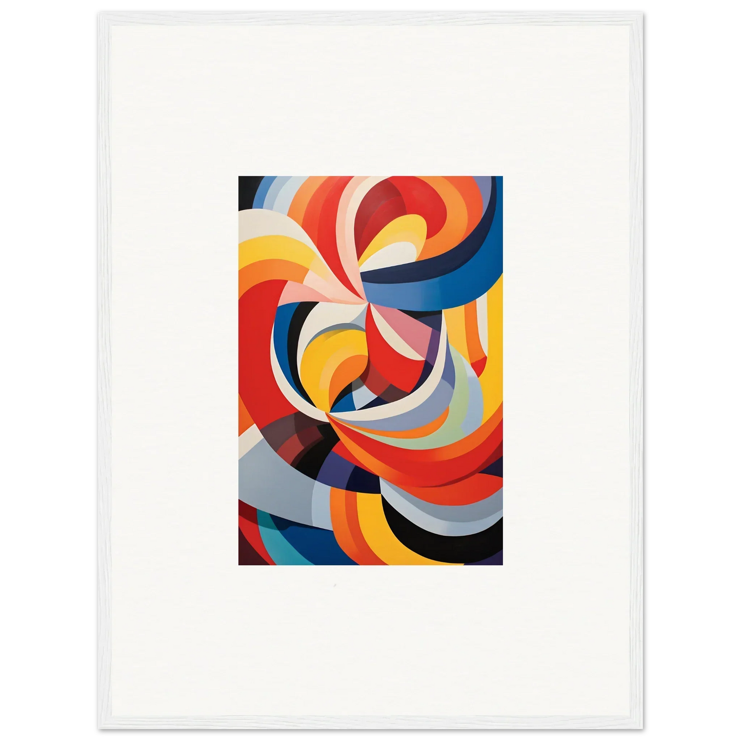 Colorful abstract artwork of curved shapes in Red, Orange, Yellow, Blue, and Gray for Prismatic Gleam Symphonics framed wall art