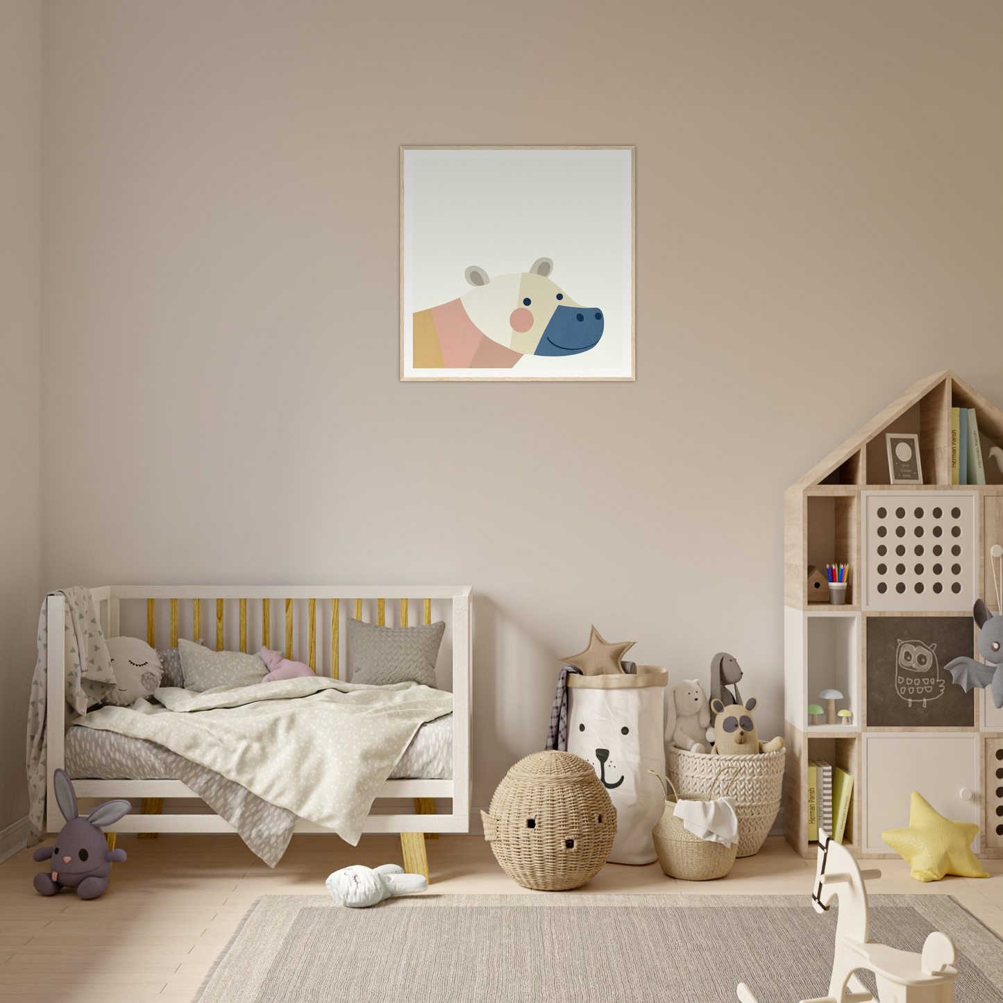 Cozy nursery decor with neutral tones and minimalist furnishings featuring cute nursery wall art