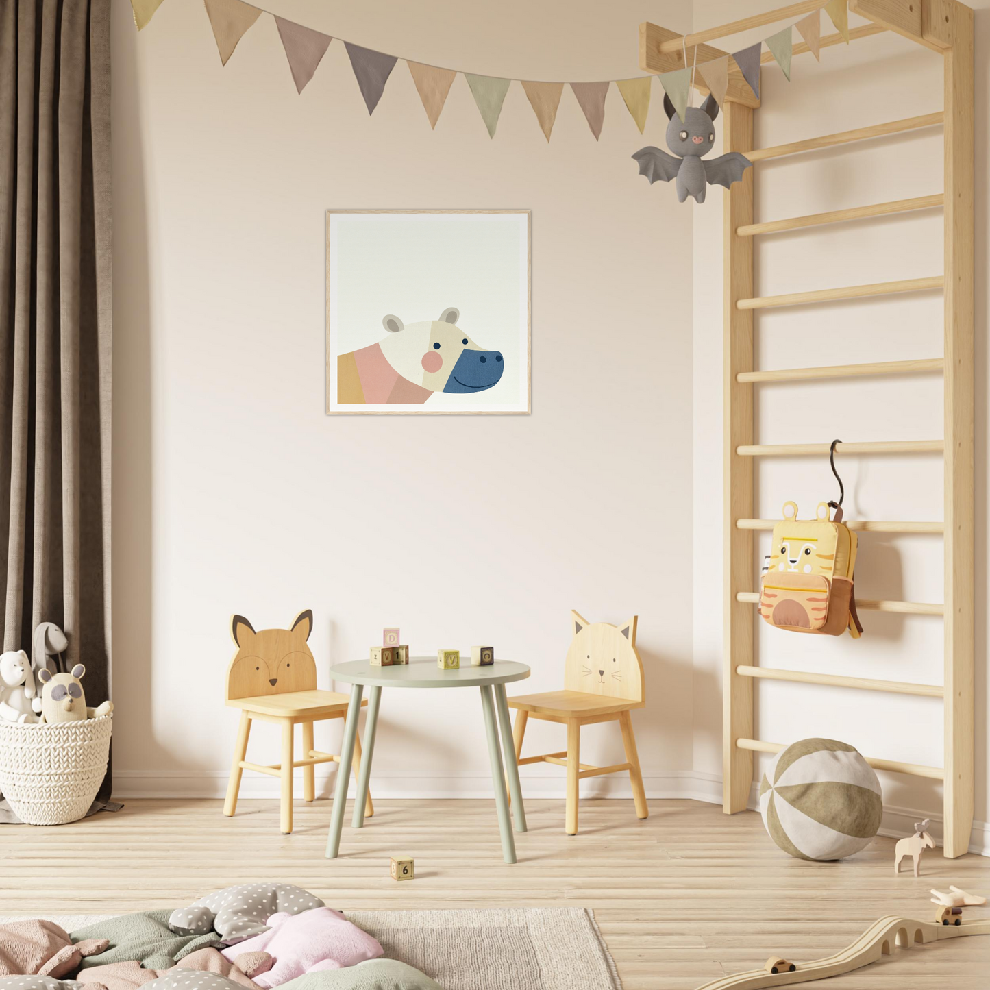 Fun children’s play area with animal chairs and table, perfect for nursery decor
