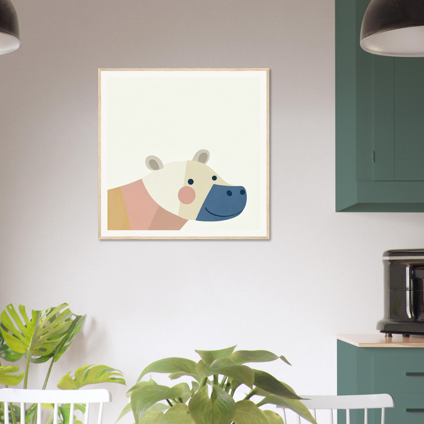 Framed poster of a pastel cow’s face, perfect for nursery wall art and decor