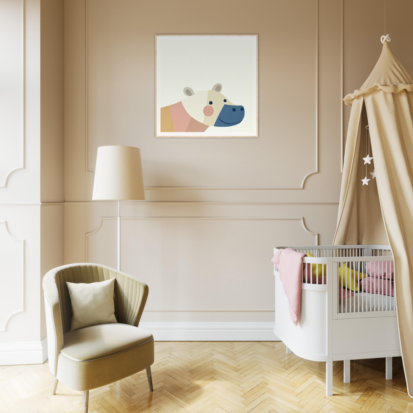 Modern nursery featuring a white crib, beige canopy, and cute nursery wall art
