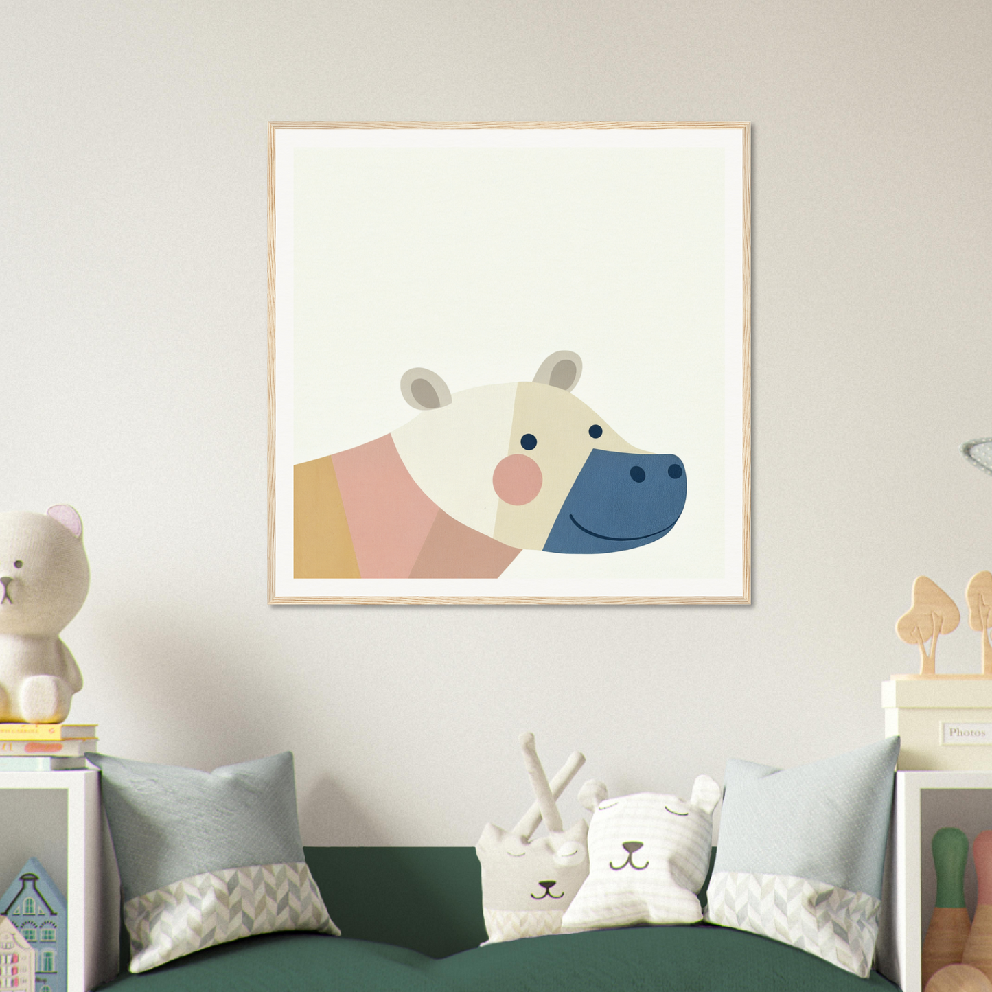 Minimalist hippo face art print with pink cheeks and blue nose, perfect nursery wall art