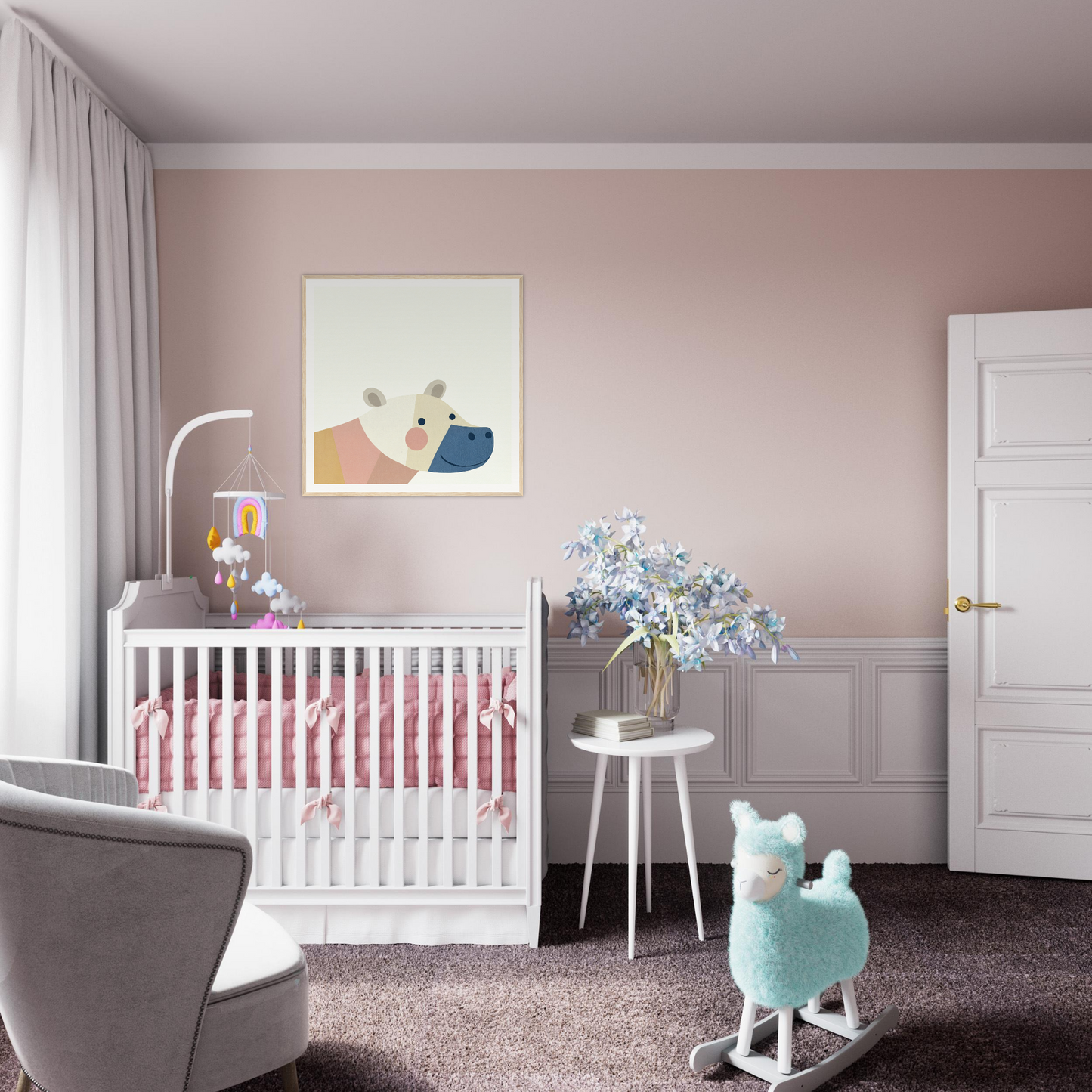Cozy White Wooden Crib with Pink Bedding - Perfect for Nursery Decor and Framed Posters