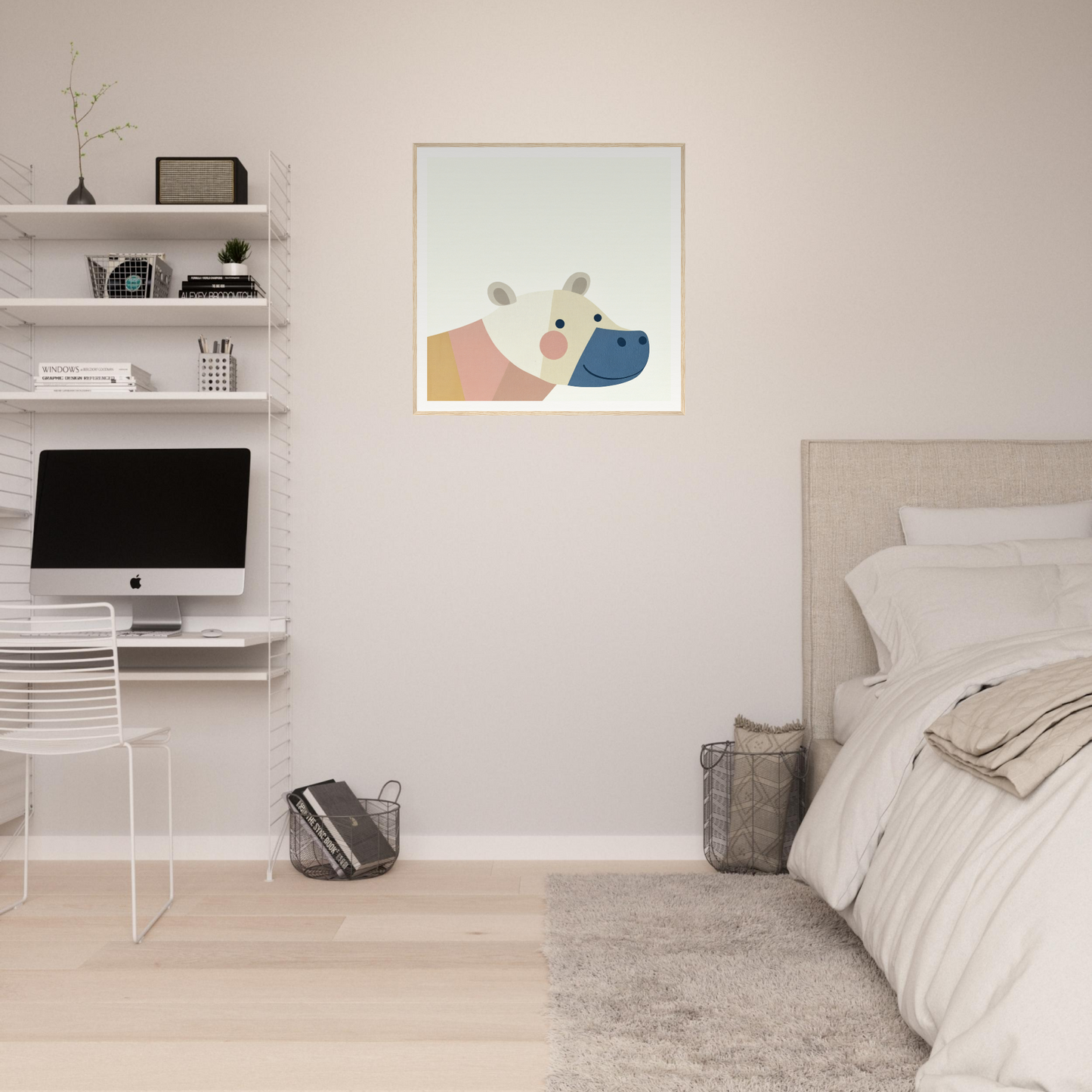 Minimalist bedroom with floating shelves, iMac workstation, and framed poster nursery decor