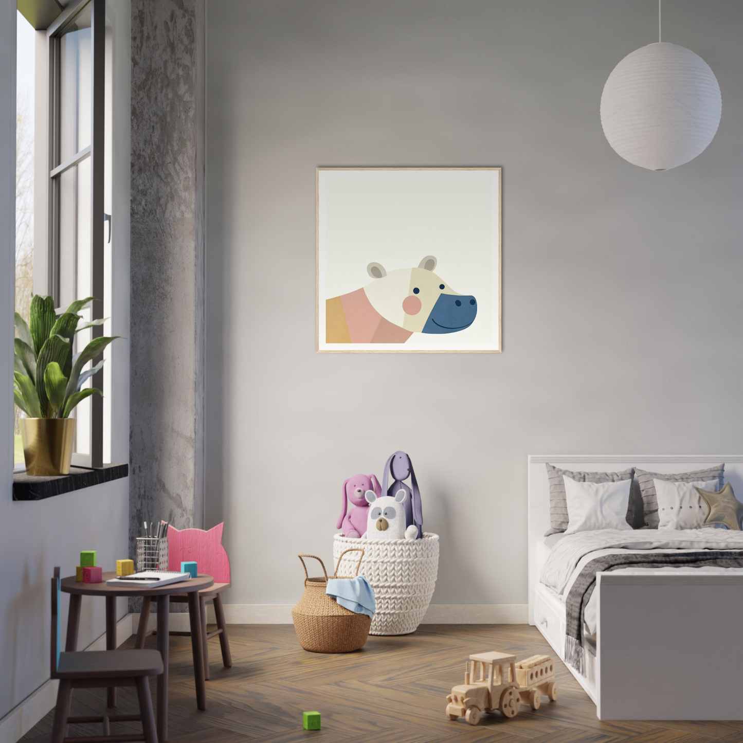 Modern bedroom featuring minimalist abstract wall art and Scandinavian nursery decor