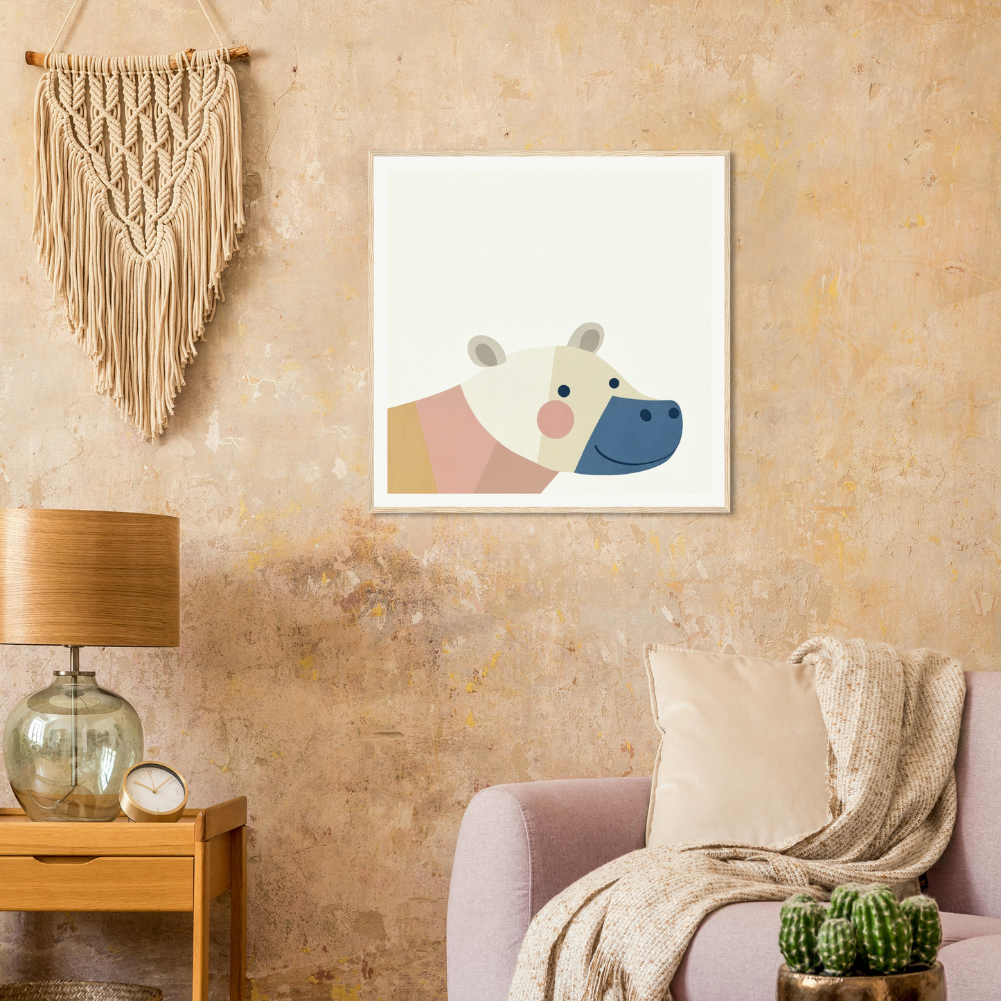 Minimalist nursery wall art featuring a polar bear’s face in soft pastel colors