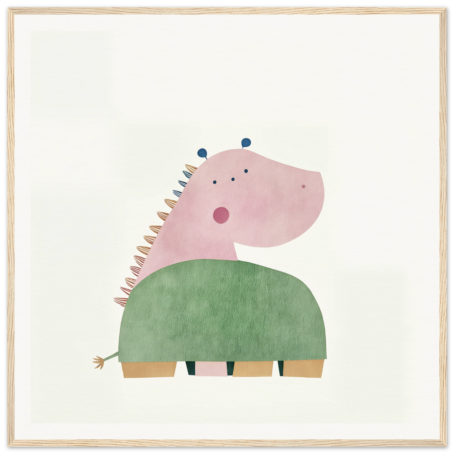 Cute cartoon dinosaur with pink head and green body perfect for nursery wall art
