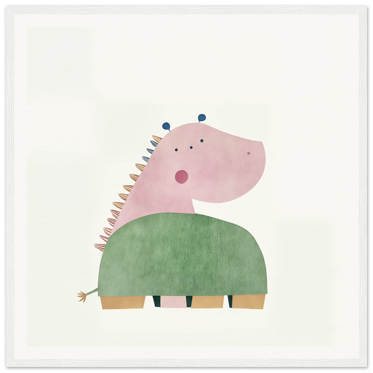 Pink-headed dinosaur in a green sweater, perfect for nursery wall art or decor