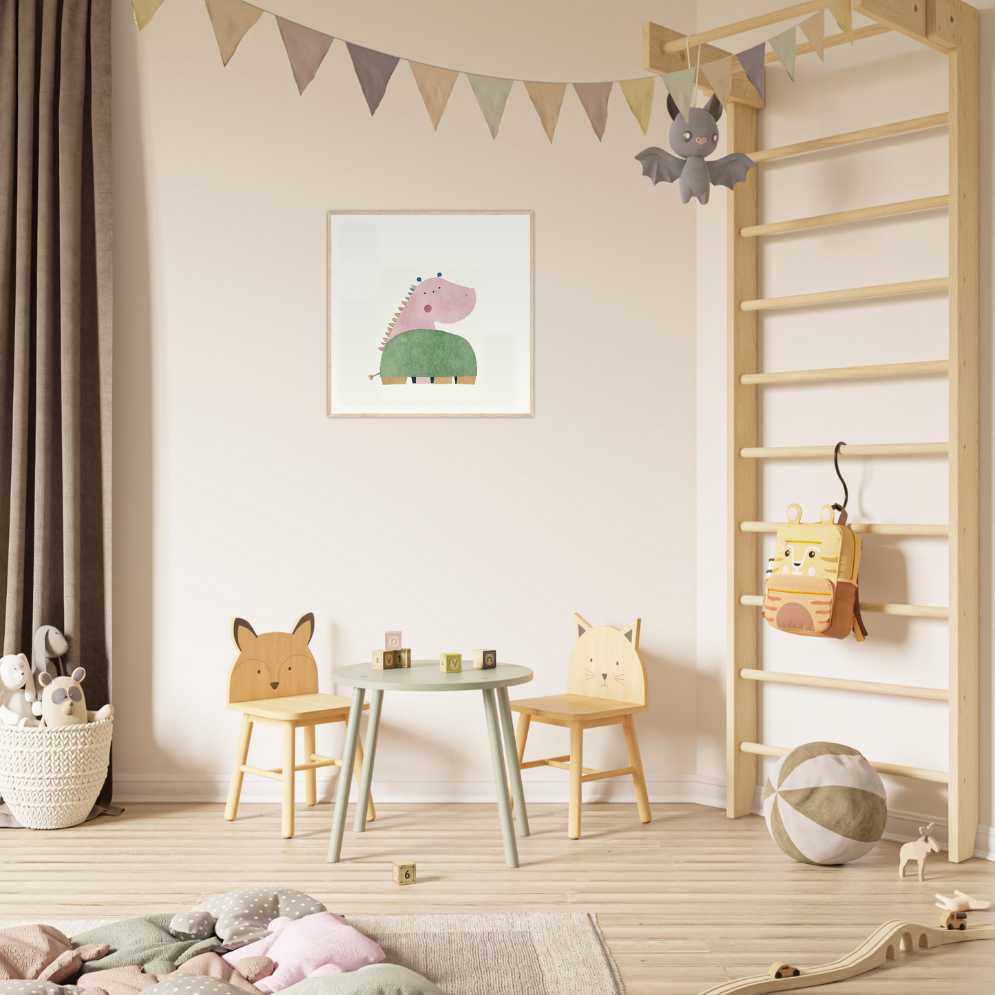 Wooden animal-themed chairs in a fun play area for nursery decor product117