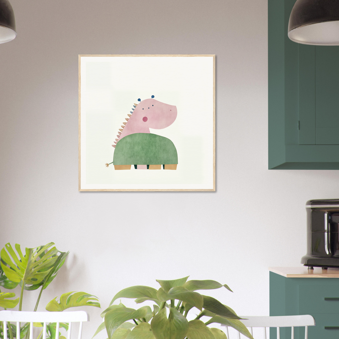 Cute cartoon dinosaur wall art in pink and green, perfect for nursery decor
