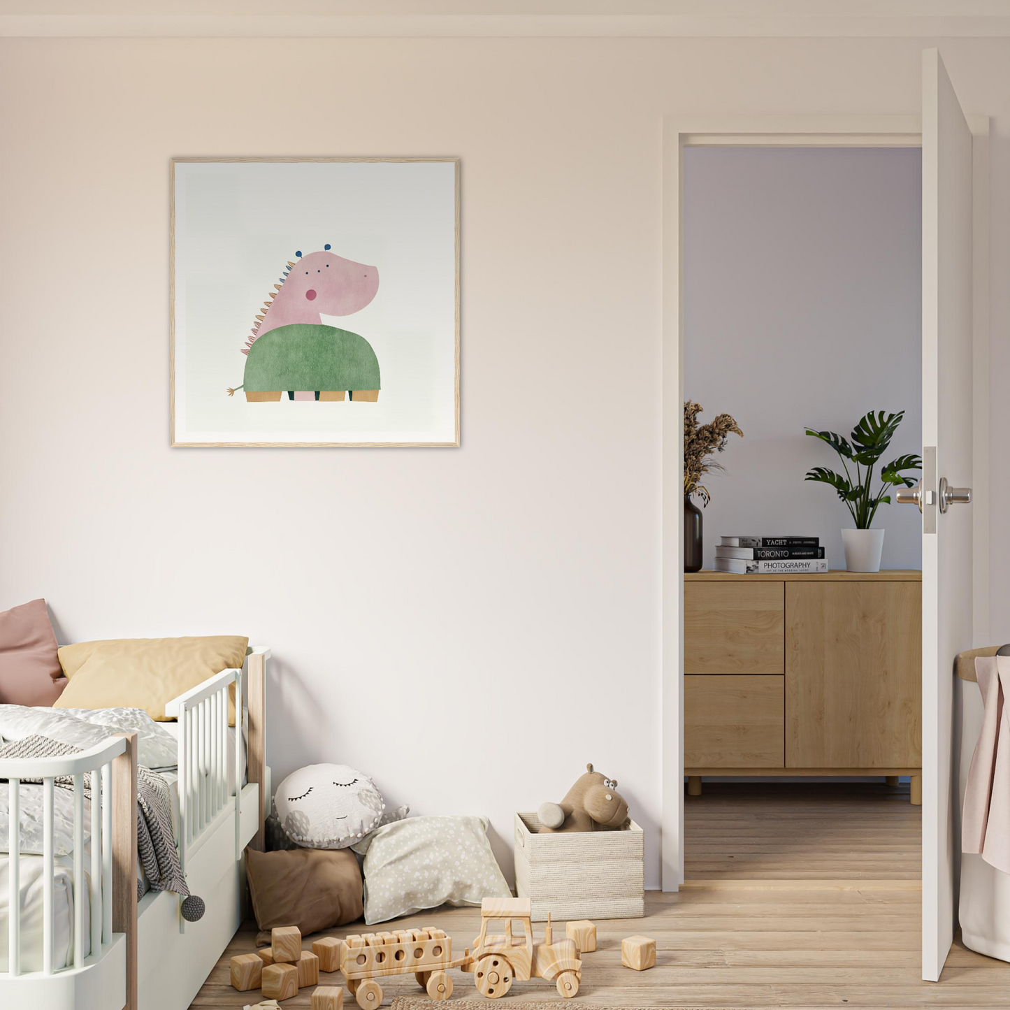 Cute pink and green dinosaur framed poster for fun nursery wall art and decor