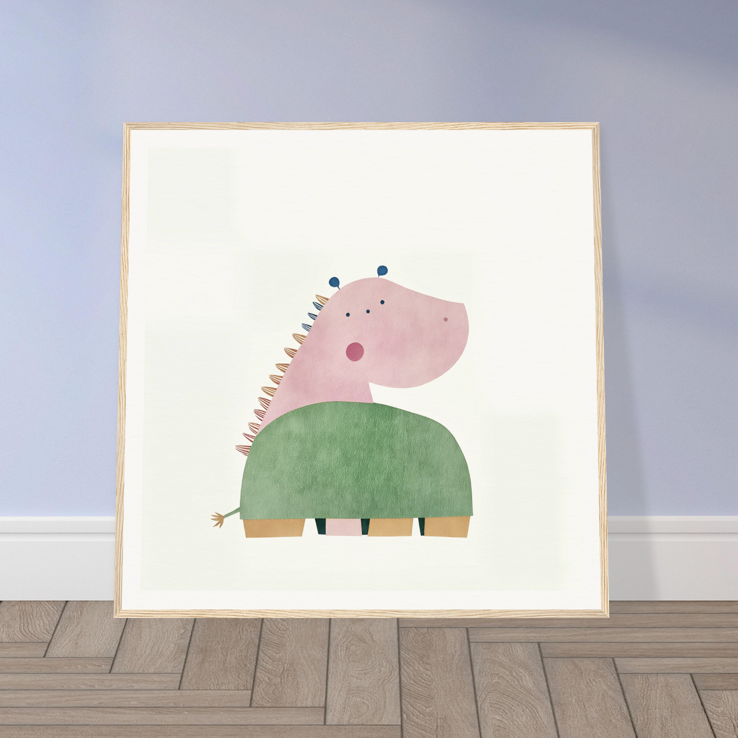 Cute cartoon dinosaur in a green sweater for fun nursery wall art or decor