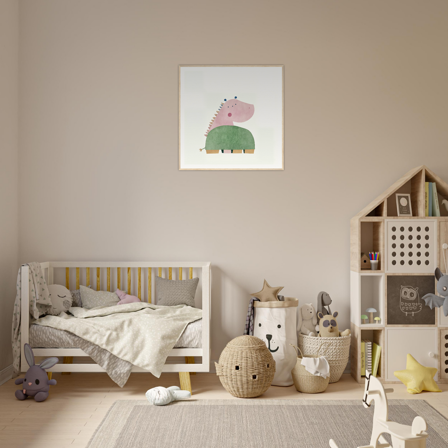 Cozy nursery with neutral colors and minimalist decor featuring framed poster nursery decor