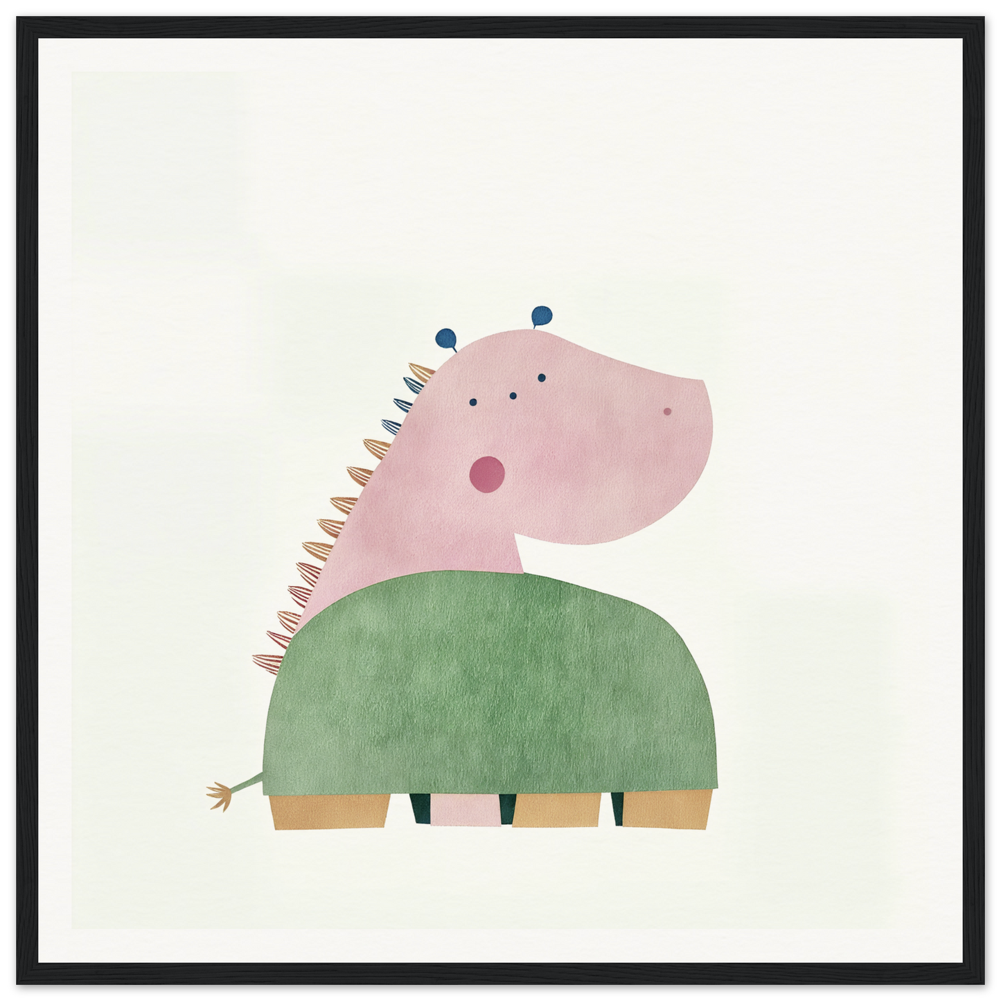 Cute cartoon dinosaur in a green sweater for fun nursery wall art and decor