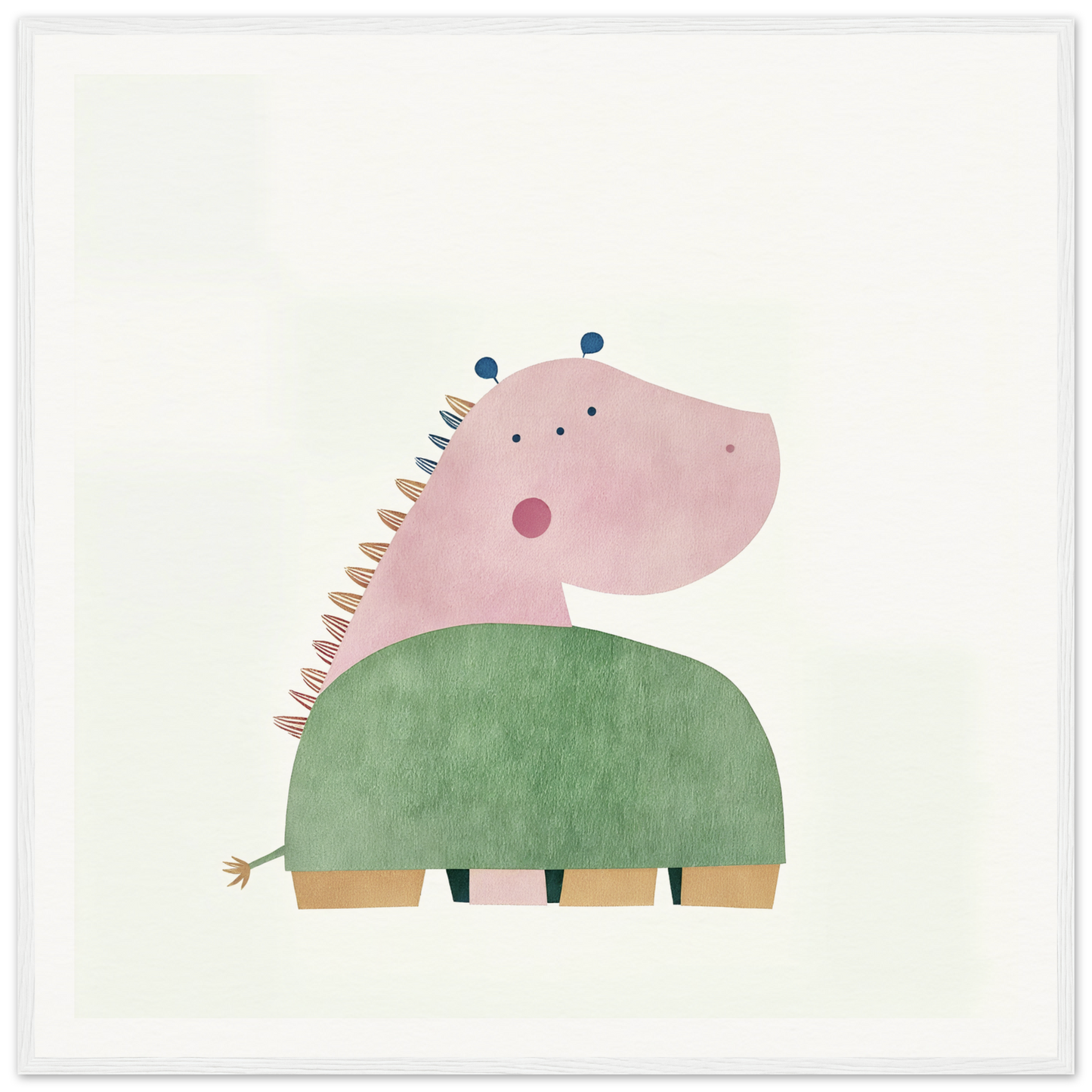 Cute cartoon dinosaur in green shorts, perfect for nursery wall art or decor