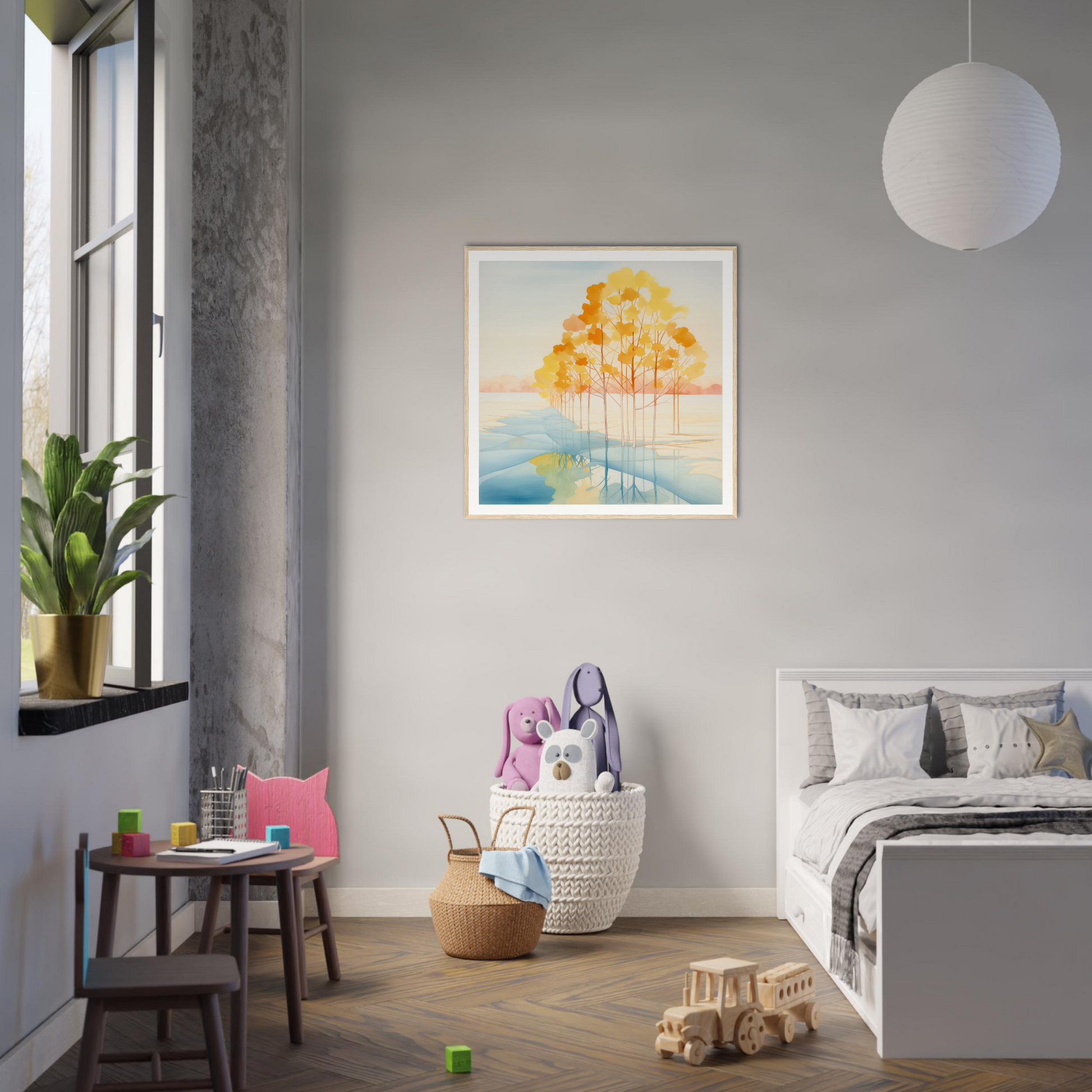 Modern bedroom with minimalist gray and white decor, perfect for nursery wall art