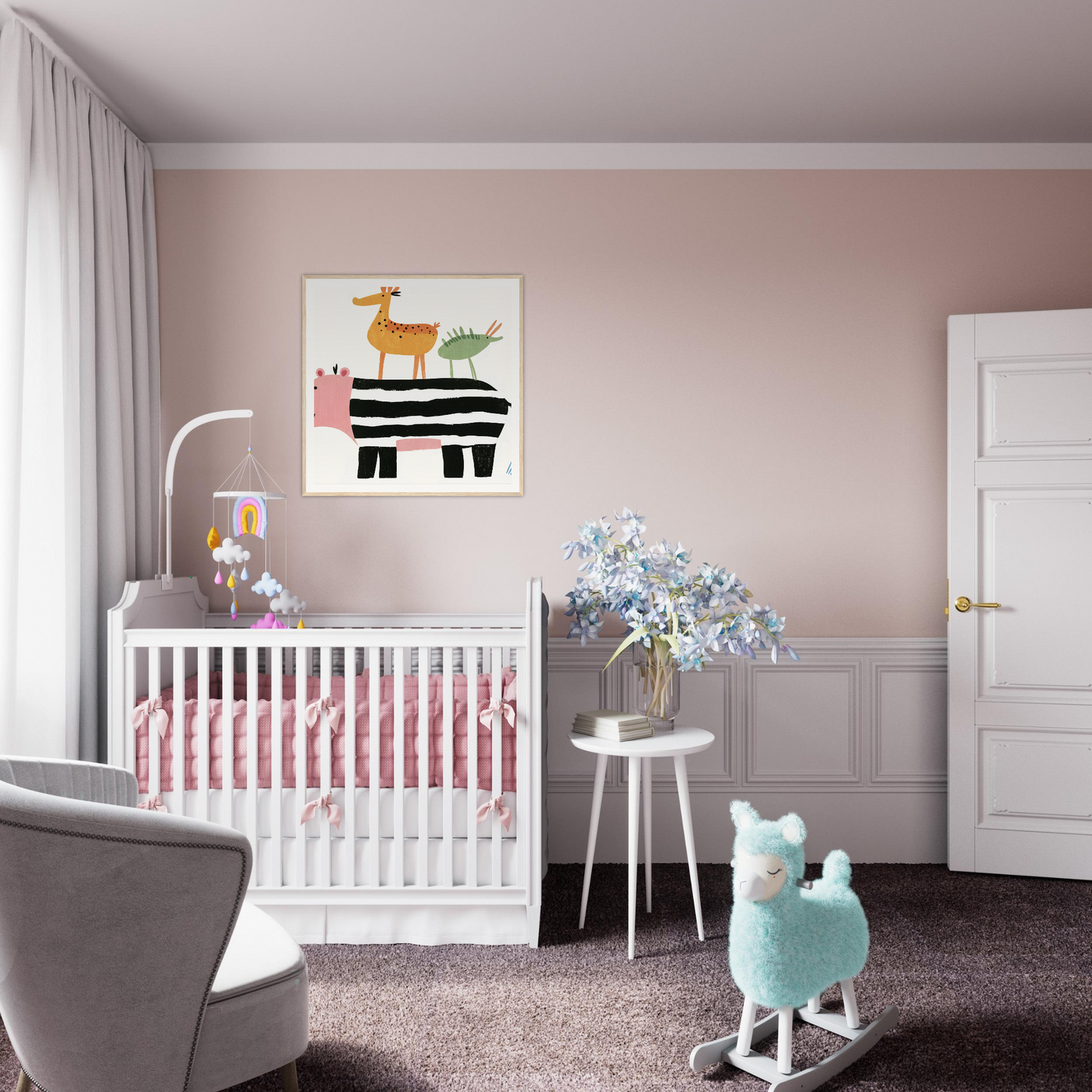 White wooden crib with pink bedding, perfect for nursery decor or themed wall art