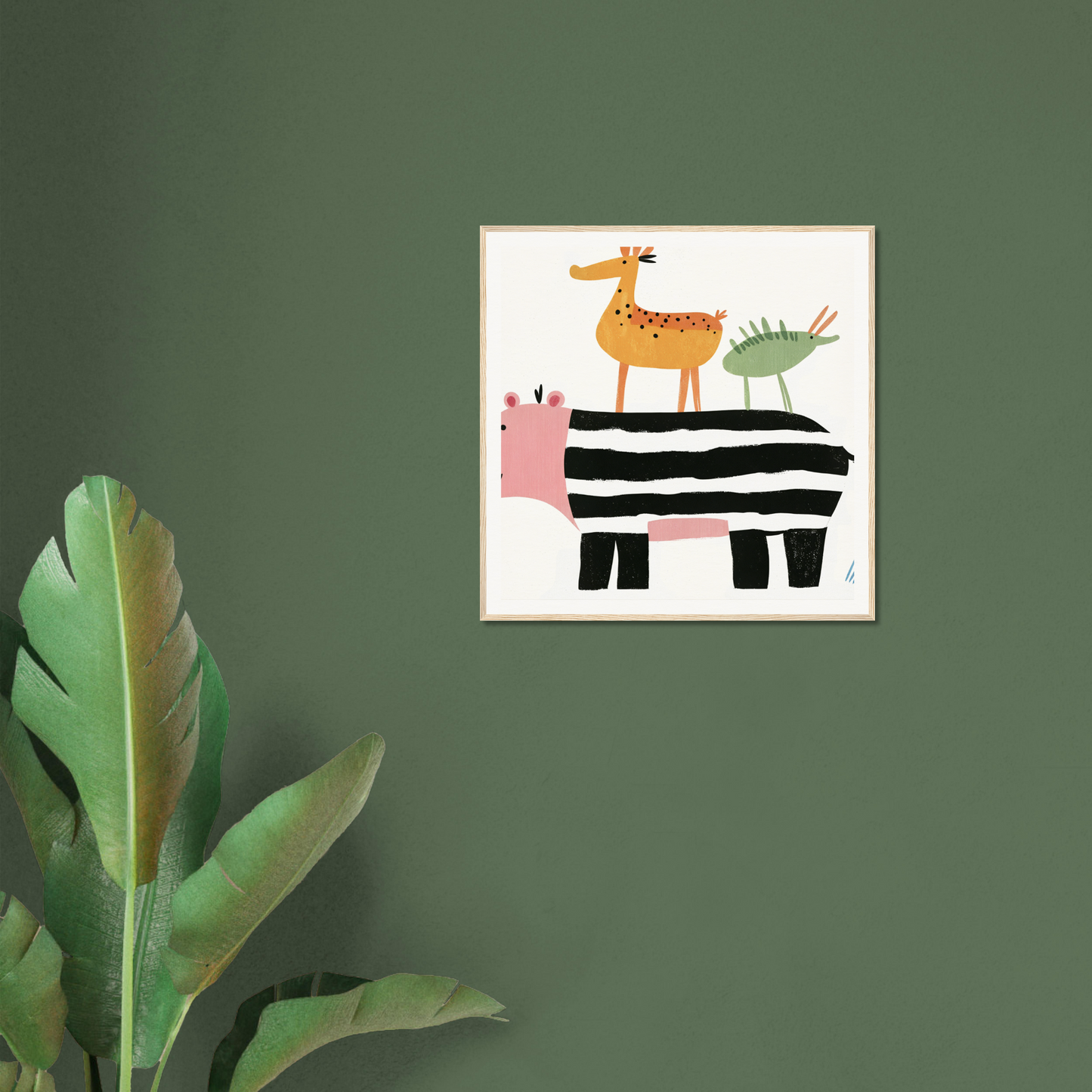 Framed poster of whimsical stacked animals, perfect for nursery wall art and decor