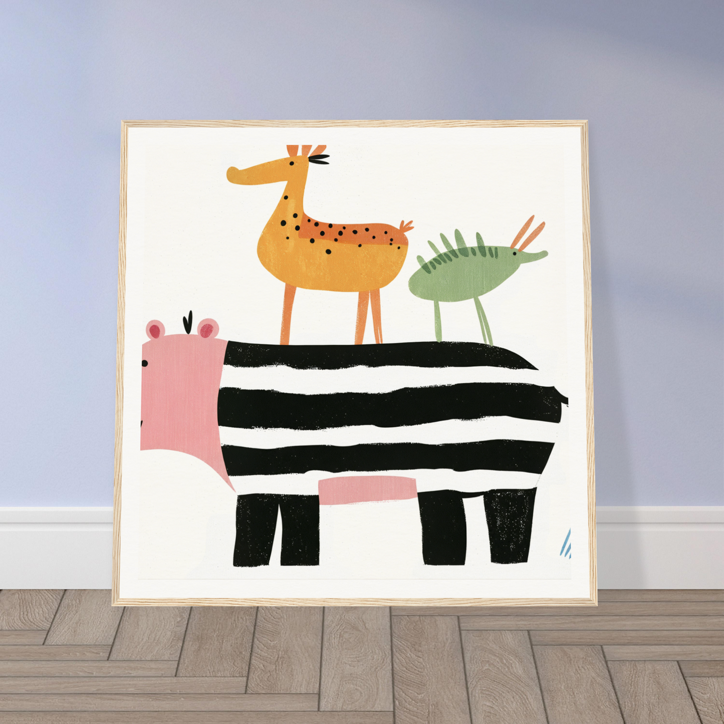 Whimsical nursery wall art featuring stacked animals like a deer, bird, and hippo