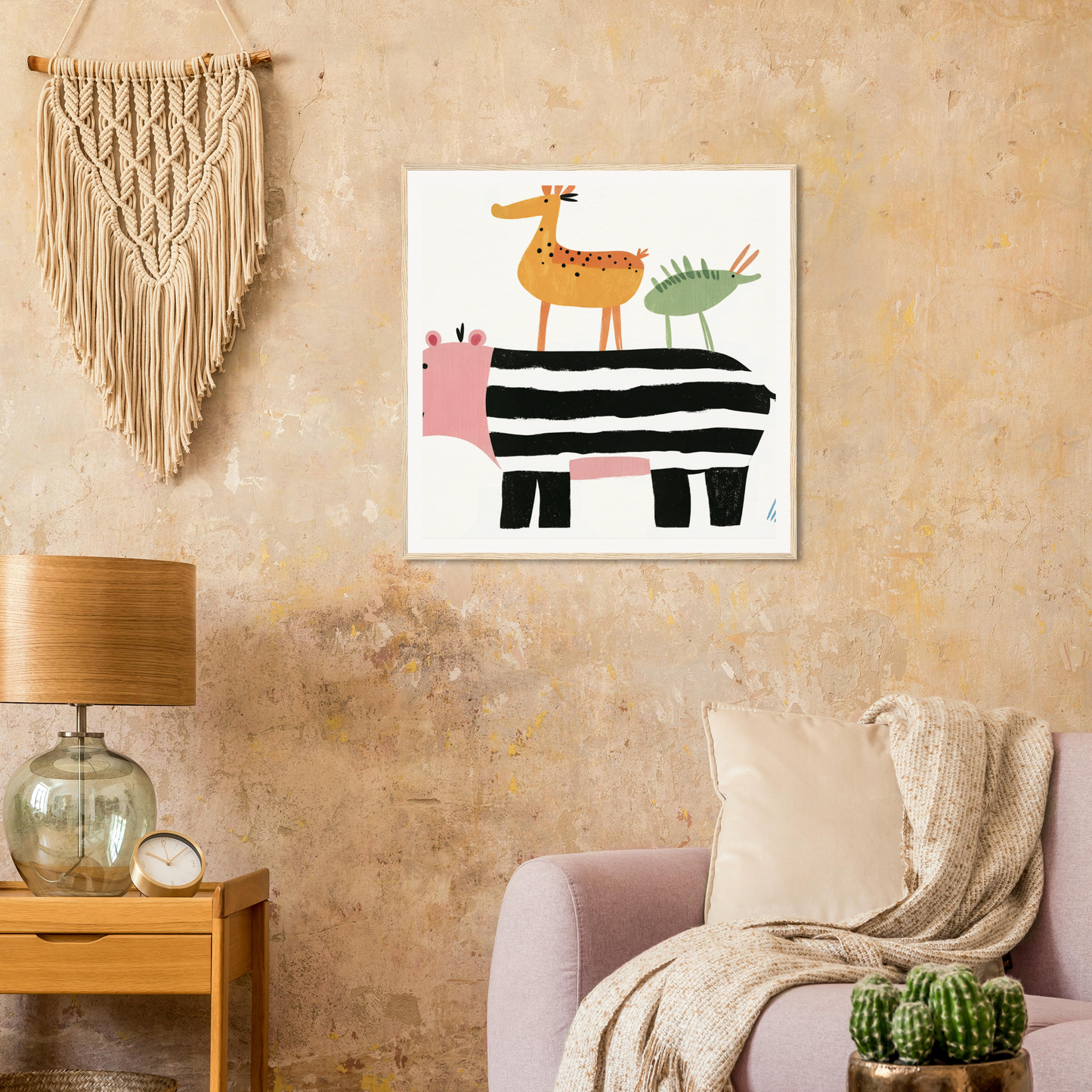 Whimsical nursery wall art featuring stacked animals perfect for nursery decor