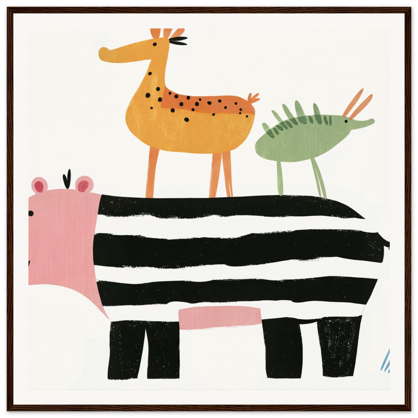 Whimsical nursery wall art of a zebra, giraffe, and bird in minimalist style