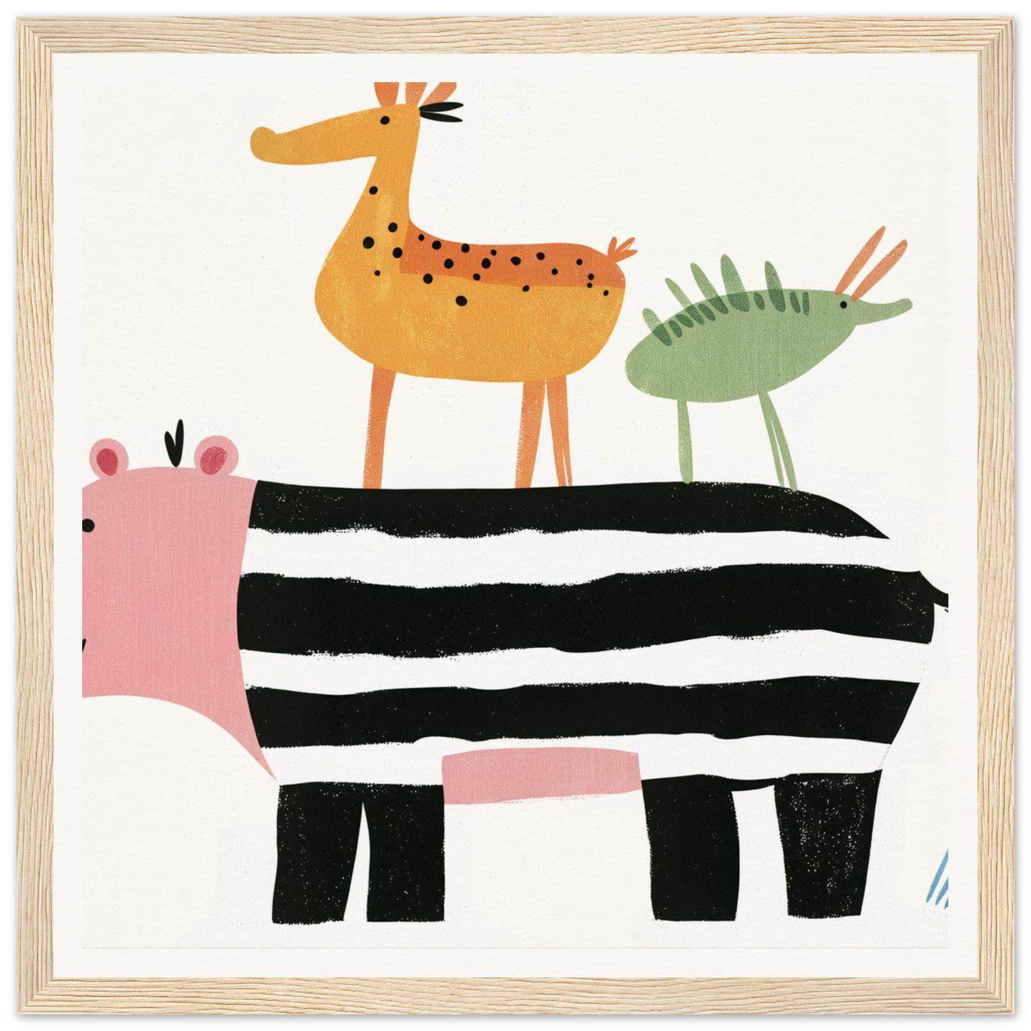 Whimsical nursery wall art of stacked animals like a pink hippo and zebra for playful decor