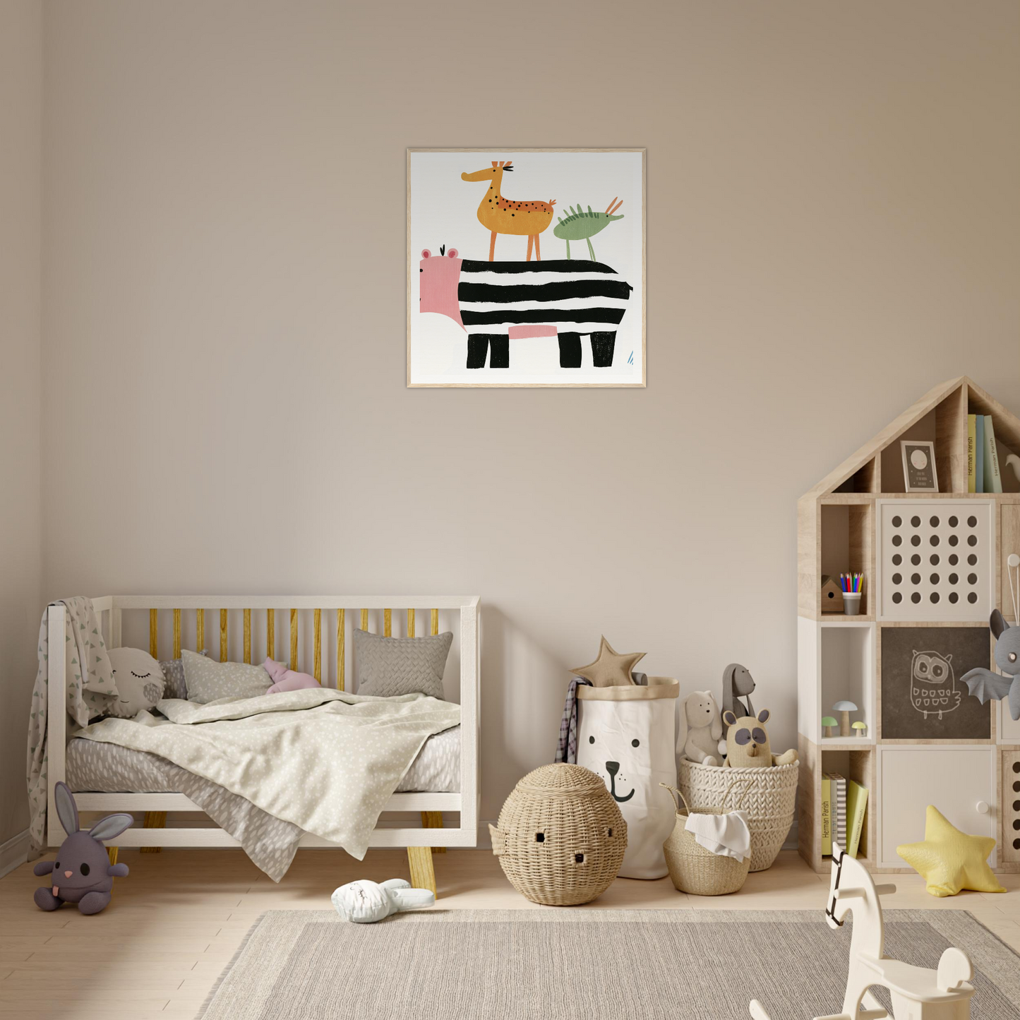 Wooden crib with gray bedding and yellow accents, perfect for nursery decor and nursery wall art