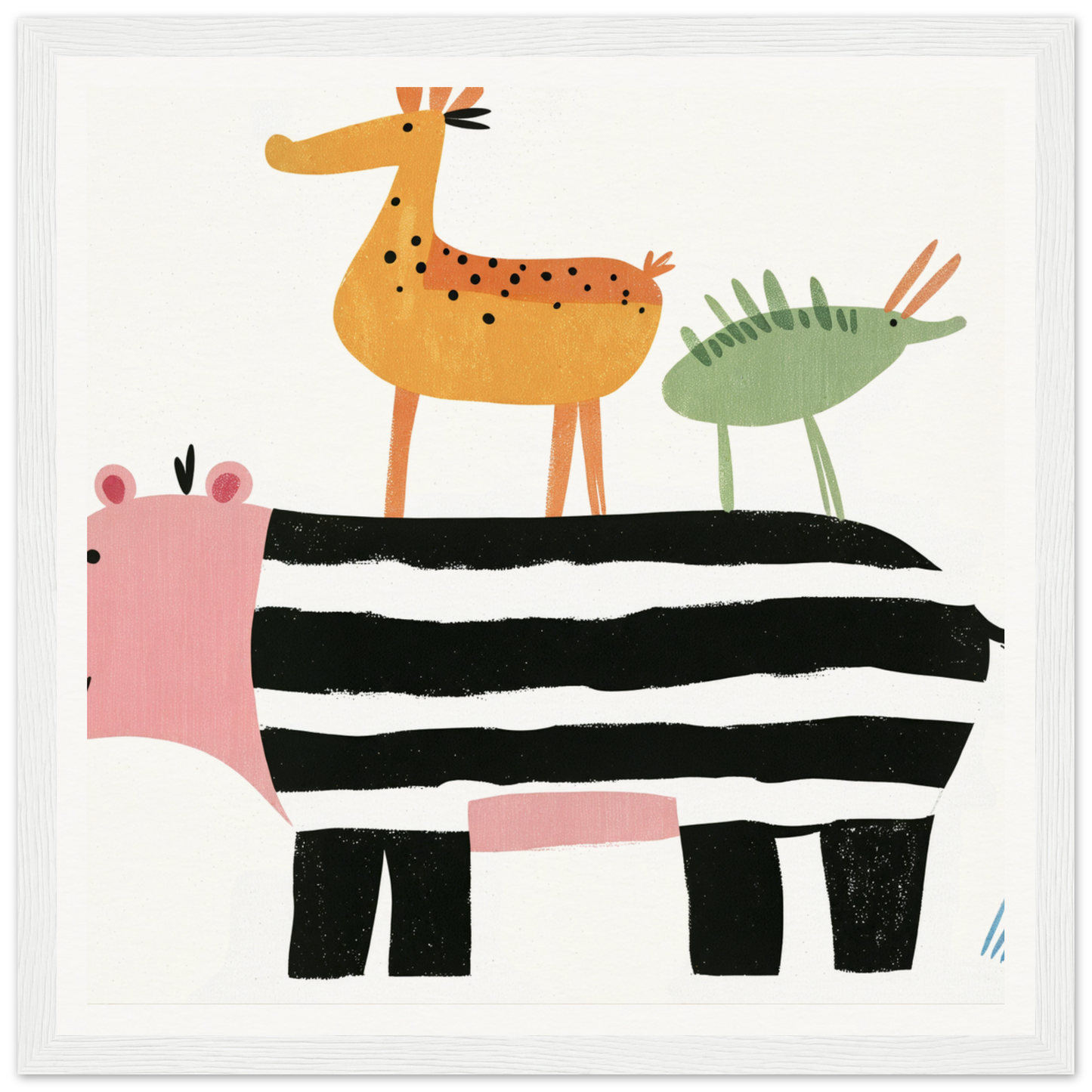 Whimsical nursery wall art with stacked animals for fun nursery decor, great framed poster