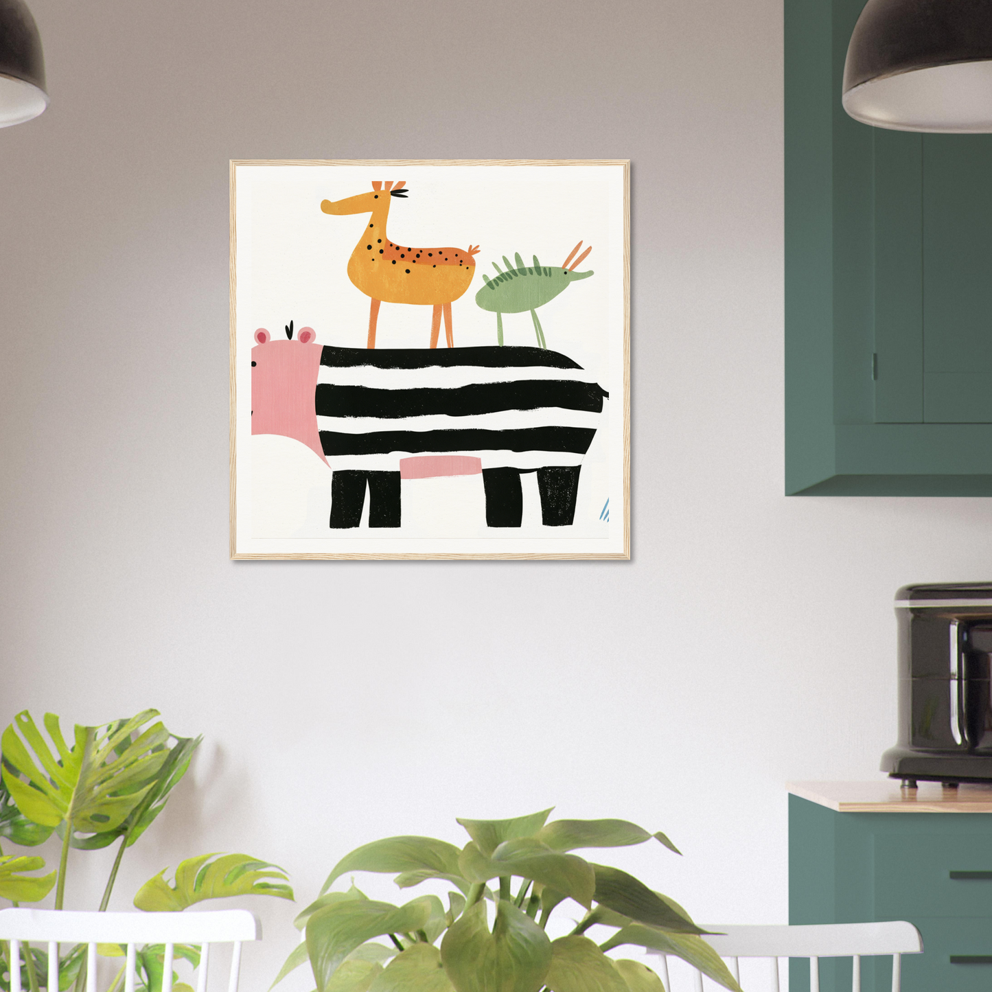 Whimsical nursery wall art print of stacked animals for cute nursery decor in product151
