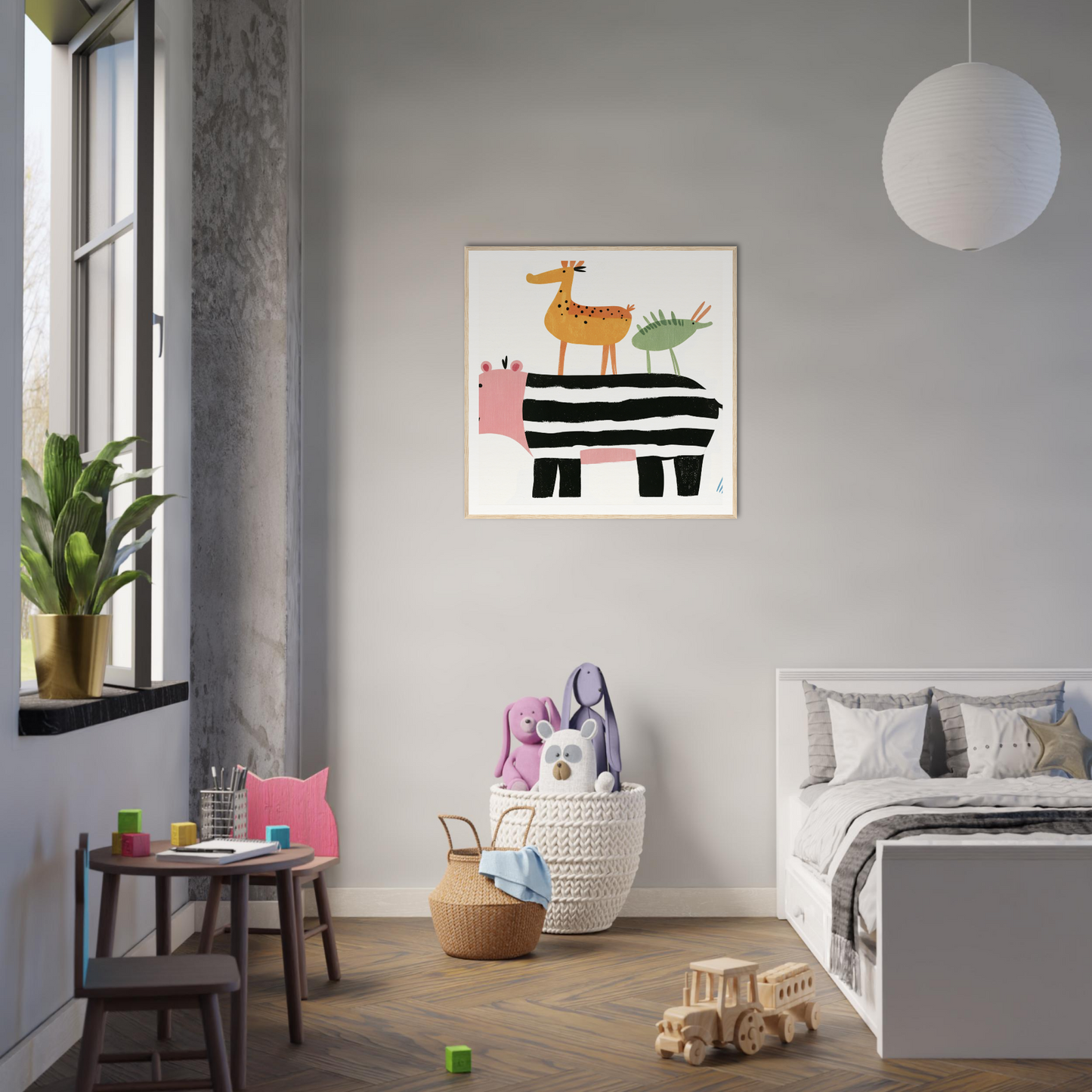 Whimsical nursery wall art with stacked giraffe, bird, and zebra in minimalist style