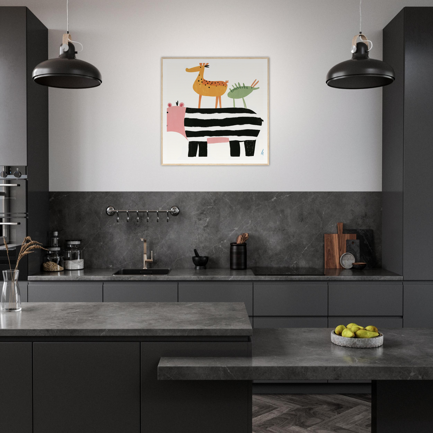 Stylish dark kitchen with matte black cabinets and whimsical nursery wall art in product151