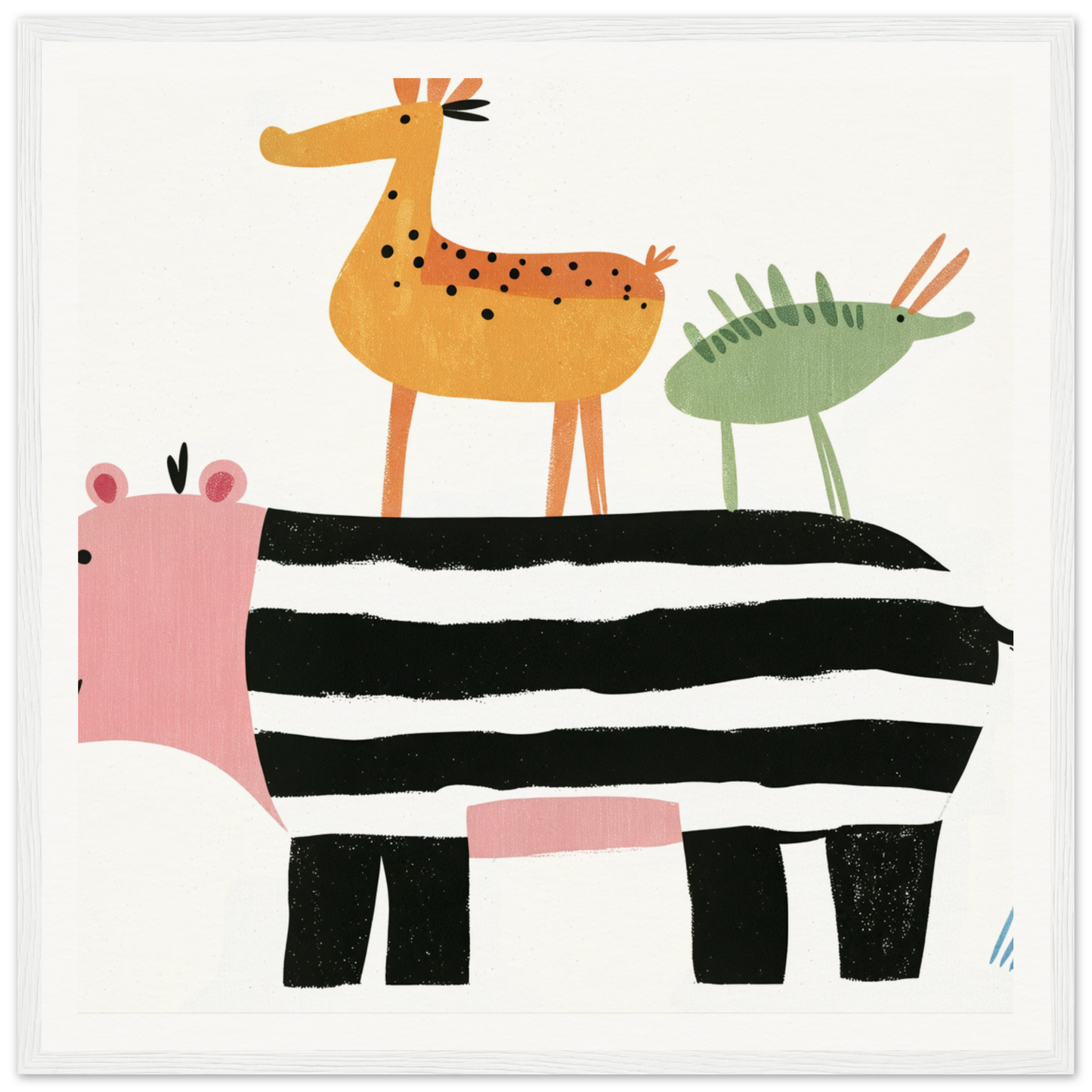 Whimsical nursery wall art with stacked animals for cute nursery decor, framed poster