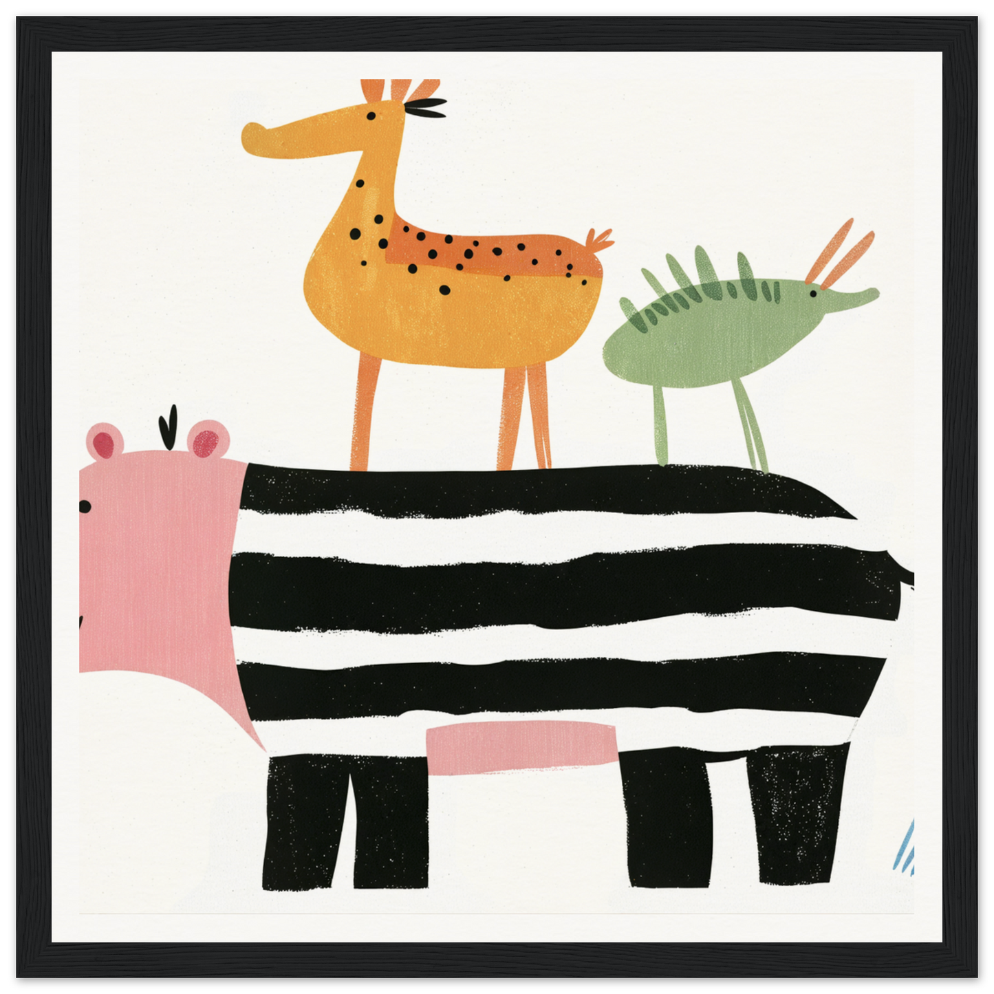 Whimsical nursery wall art of stacked animals in geometric shapes for fun nursery decor