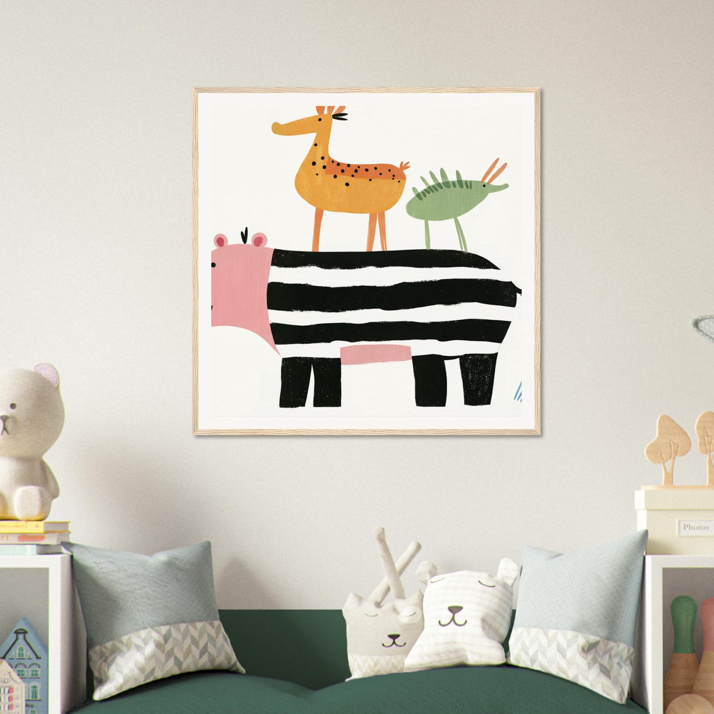 Whimsical nursery wall art featuring stacked animals in vibrant colors for nursery decor