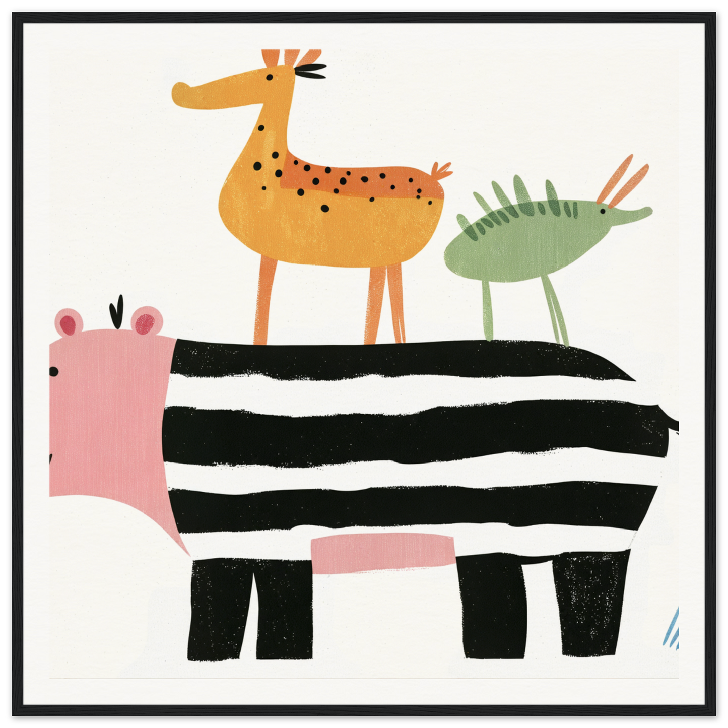 Whimsical nursery wall art featuring stacked animals in fun geometric shapes