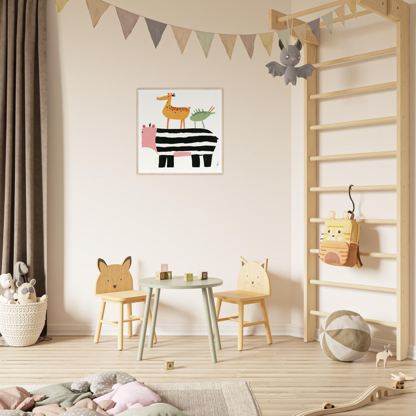 Colorful children’s play area with animal chairs and a round table for cute nursery decor