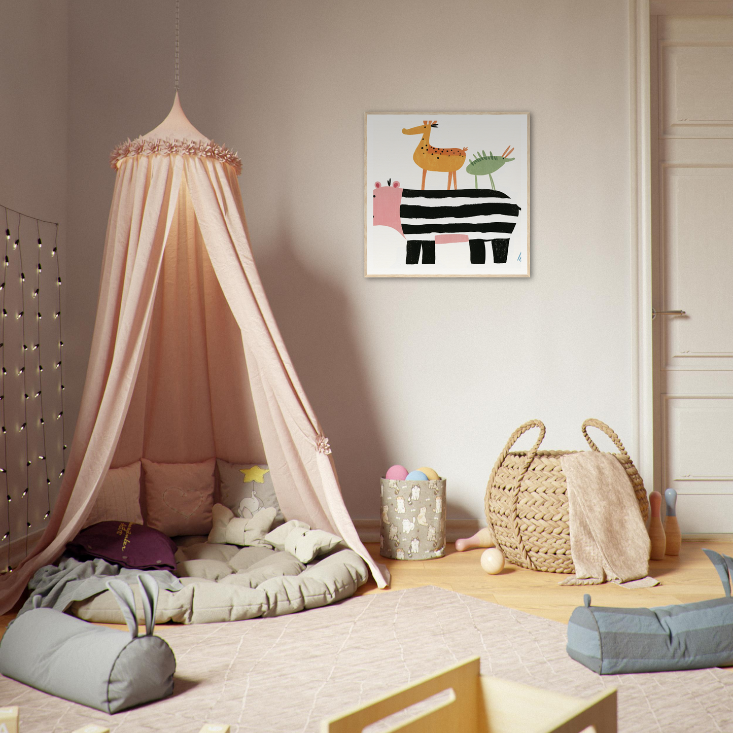 Pink canopy tent with cushions, perfect for charming nursery decor or wall art ideas