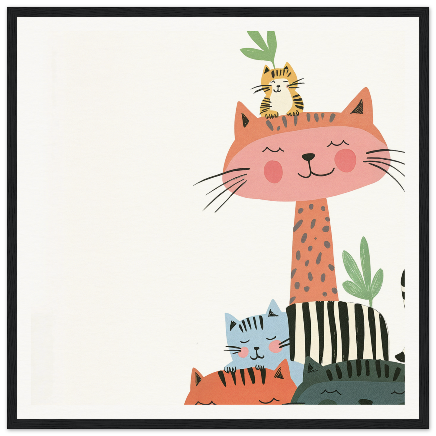Whimsical cats stacked high with a tiny tiger, perfect for nursery wall art decor