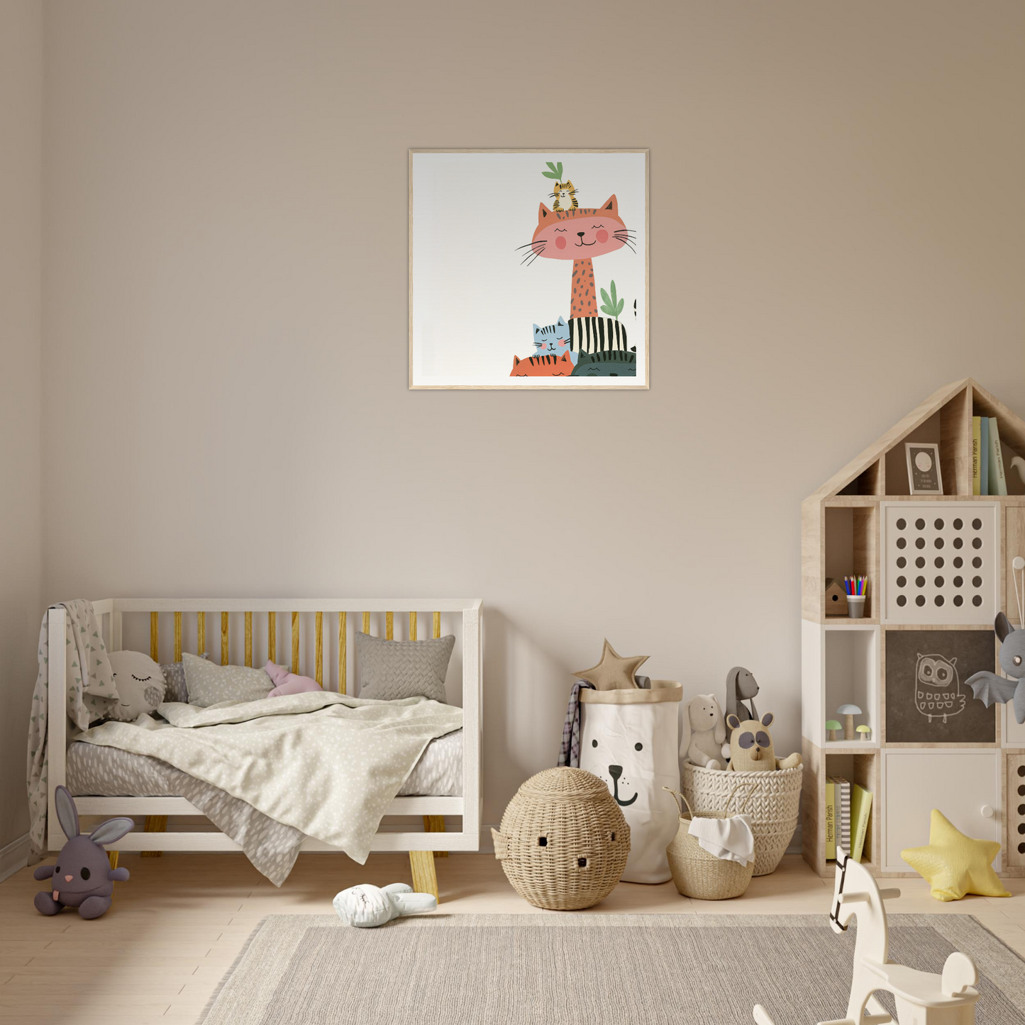 Cozy nursery room with neutral colors and whimsical nursery decor featuring framed poster