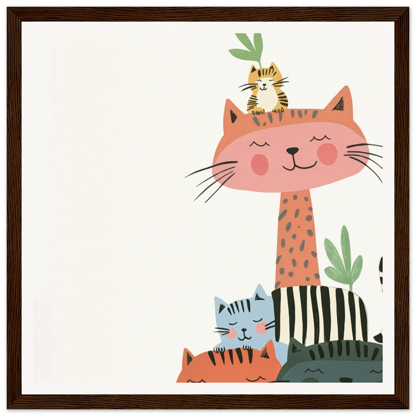 Cute striped cats in coral and blue perfect for nursery wall art or framed poster