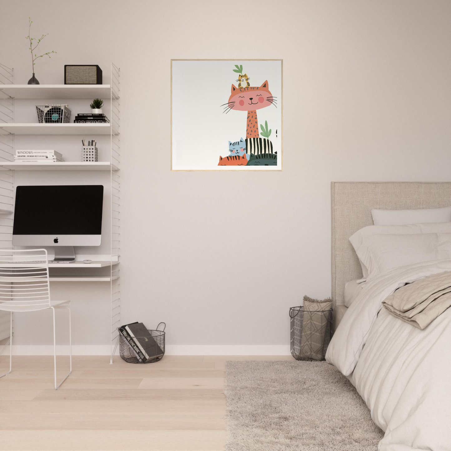 Minimalist bedroom workspace with iMac and nursery wall art on floating shelves